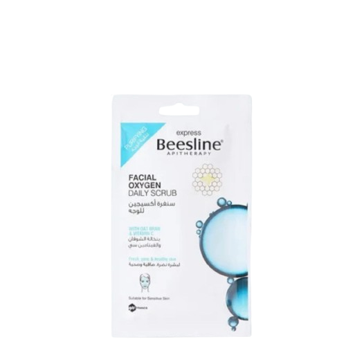 Beesline Oxygen Facial Scrub for healthy skin in white and blue packaging, suitable for sensitive skin, with a hydrating and cleansing gel formula.