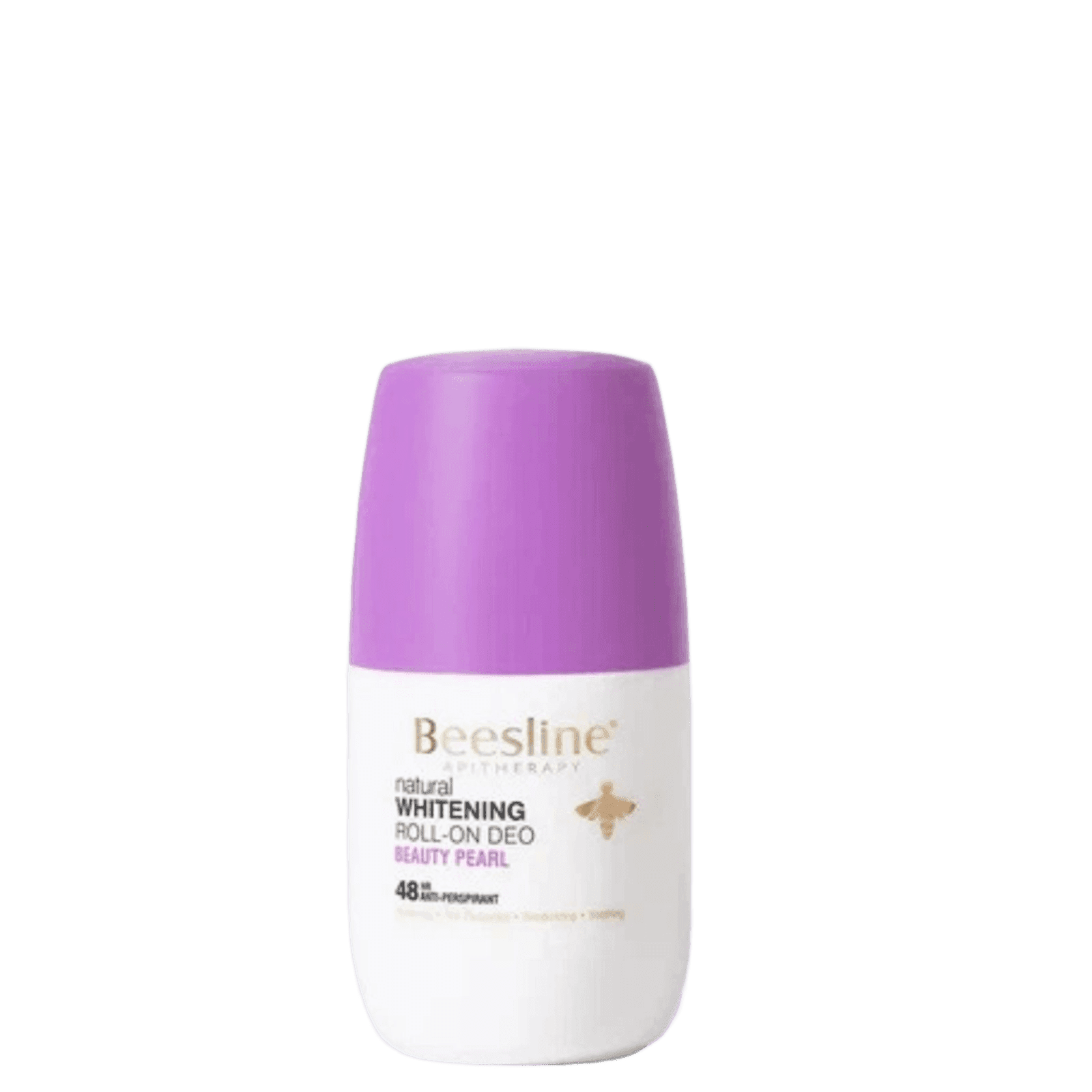 Beesline Skin Brightening Roll-On for 48 Hour Protection in white and purple bottle with gold accents, designed for personal care and deodorant use