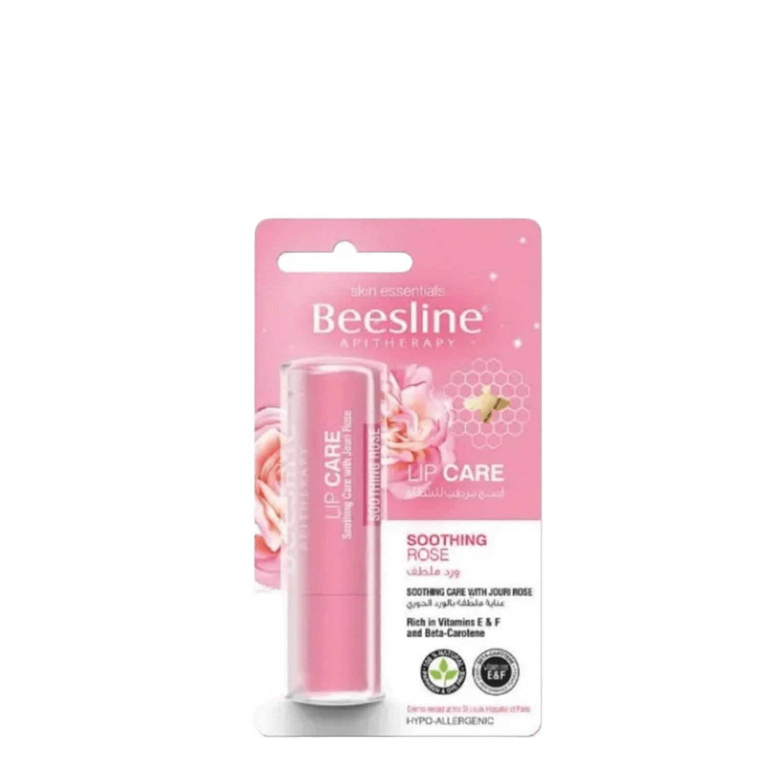 Beesline Soothing Jouri Rose Lip Balm 4g in pink packaging with rose illustrations, beeswax, and honeycomb design, ideal for moisturizing lips