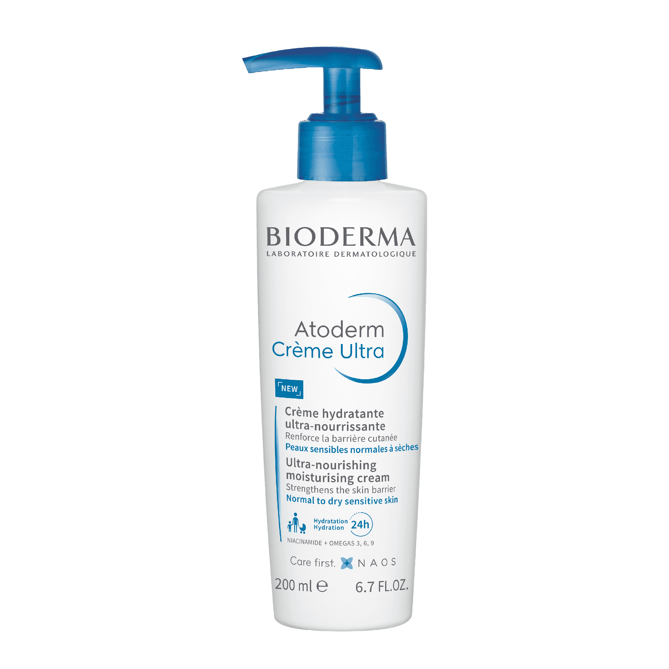 Bioderma Atoderm Ultra Nourishment Cream 200 ml in a pump bottle, designed for dry to very dry skin. Provides 24-hour hydration and strengthens the skin barrier.