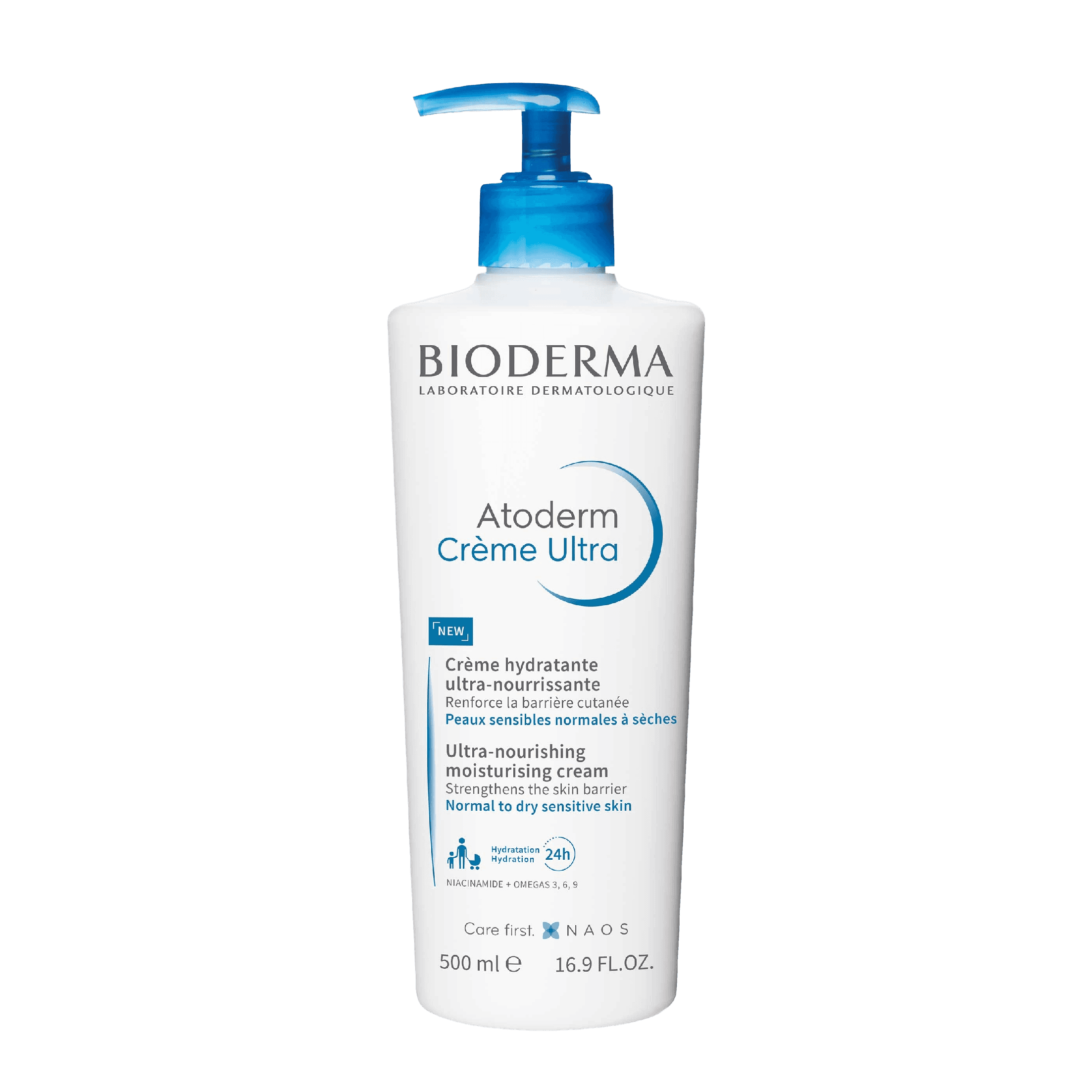 Bioderma Atoderm Ultra Nourishment Cream 500 ml in a pump bottle, designed for dry to very dry skin. Provides 24-hour hydration and strengthens the skin barrier.