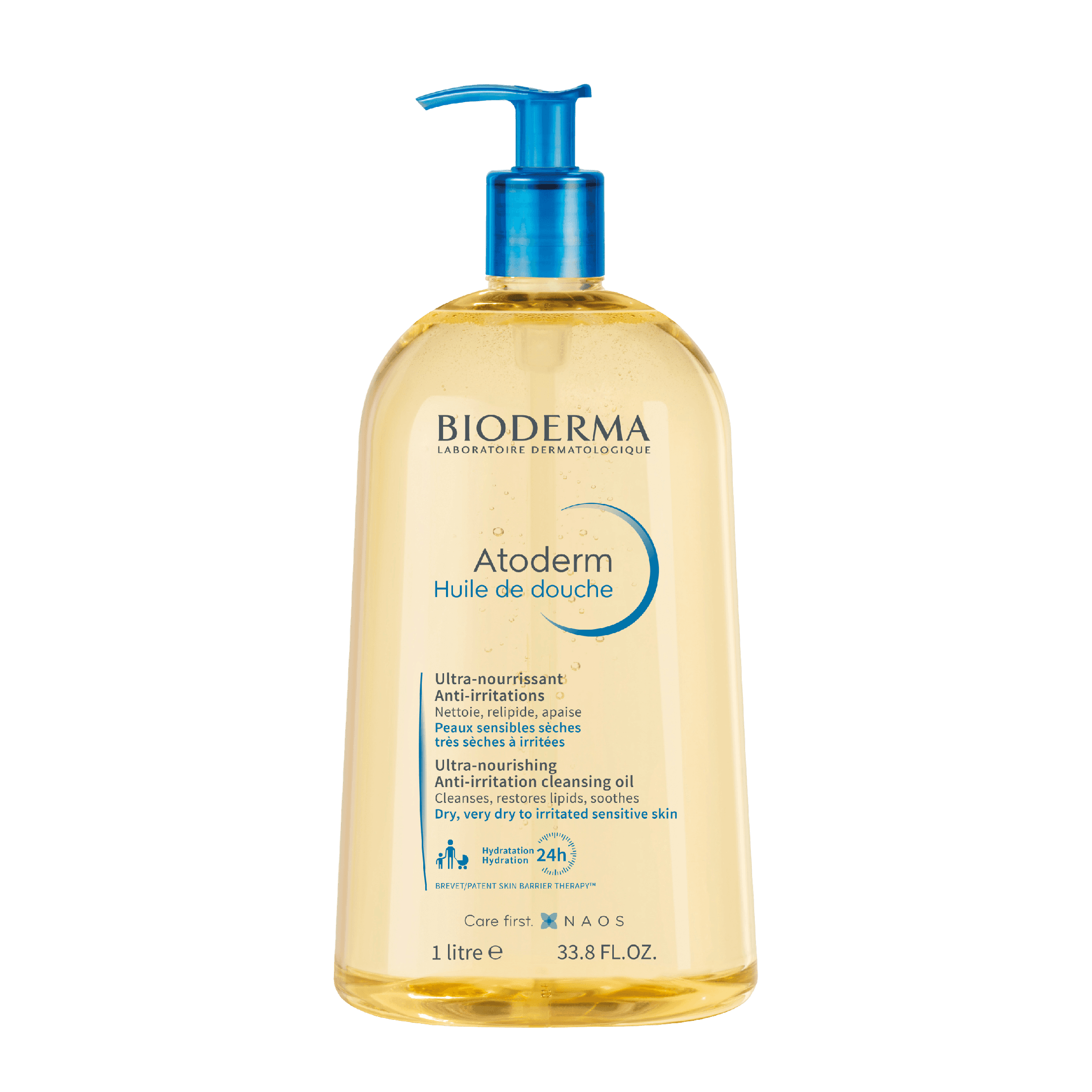 Bioderma Atoderm Ultra-Nourishing Shower Gel 1000 ml with a pump dispenser, designed for dry and sensitive skin. Hydrating formula strengthens the skin barrier.