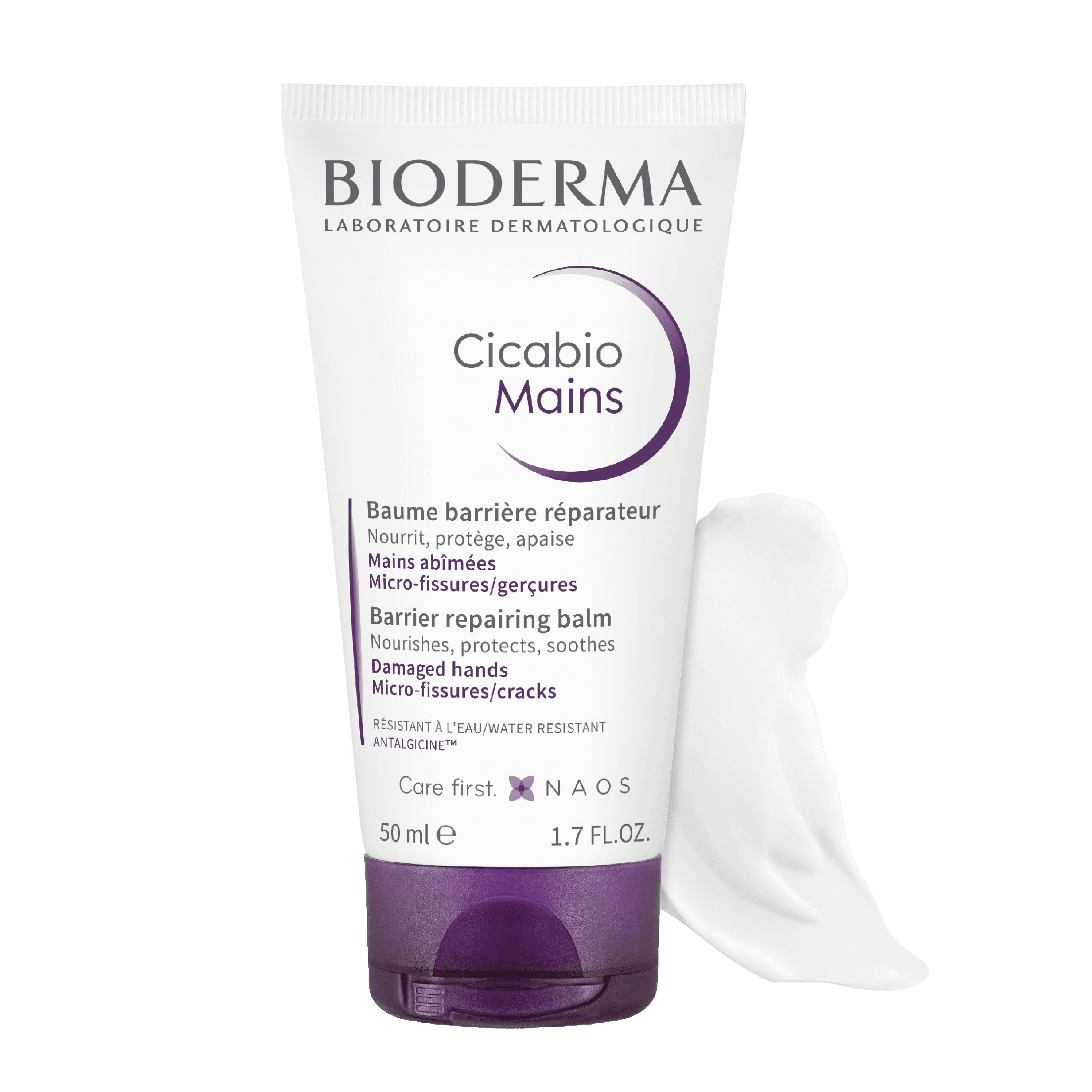 Bioderma Cicabio Mains Crème 50 ml, a barrier-repairing hand cream designed to nourish, protect, and soothe damaged hands. Ideal for irritated or cracked skin.