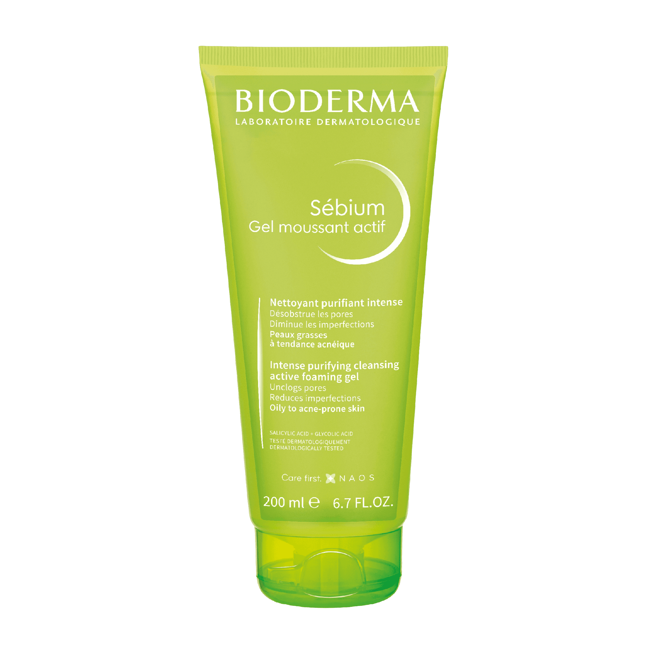 Bioderma Sebium Gel Moussant Actif 200 ml facial cleanser for acne-prone skin. Formulated with AHA and BHA to reduce blemishes and excess oil.
