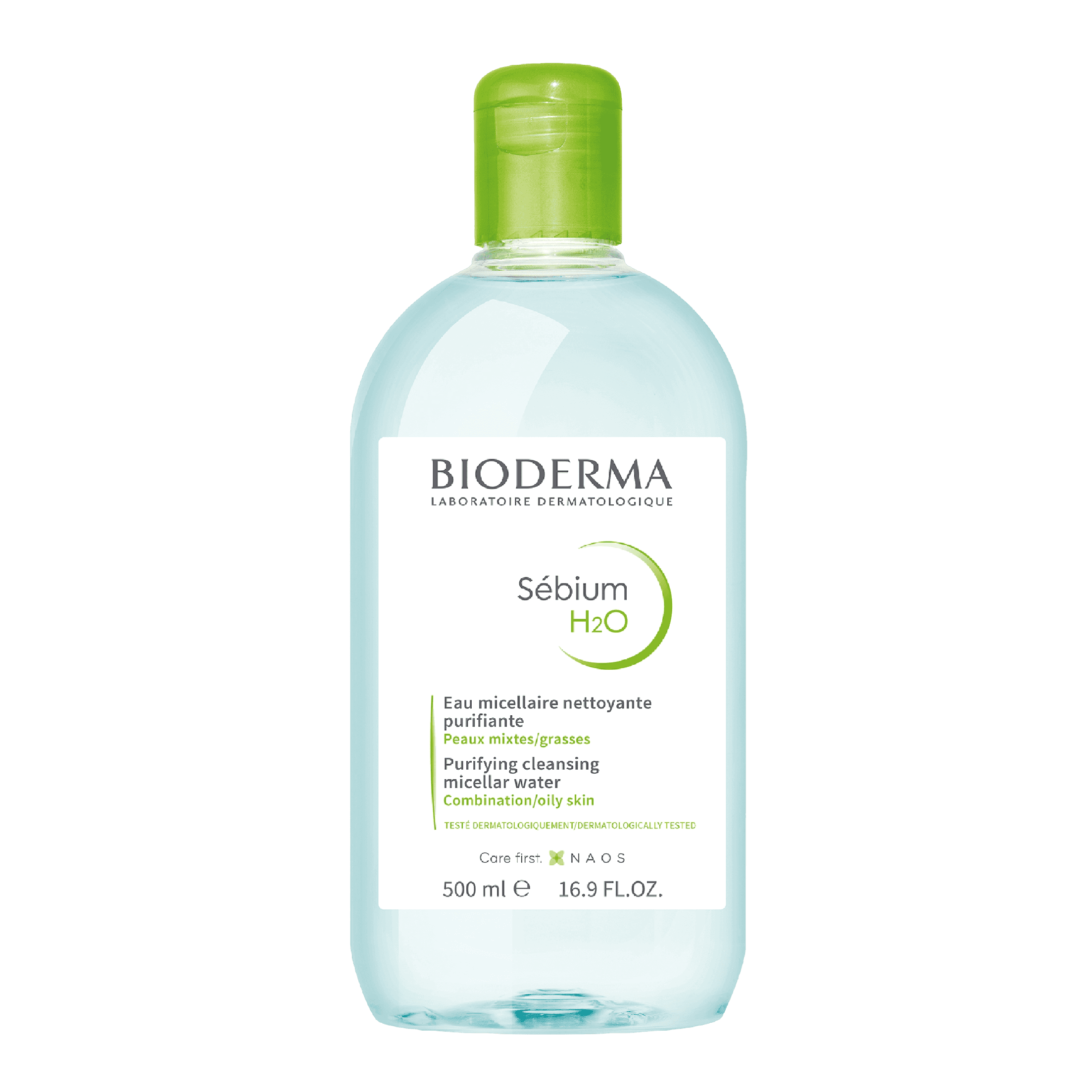 Bioderma Sebium H2O Micellar Water 500 ml is a purifying facial cleanser for combination to oily skin. It removes makeup, excess oil, and impurities while maintaining skin balance.
