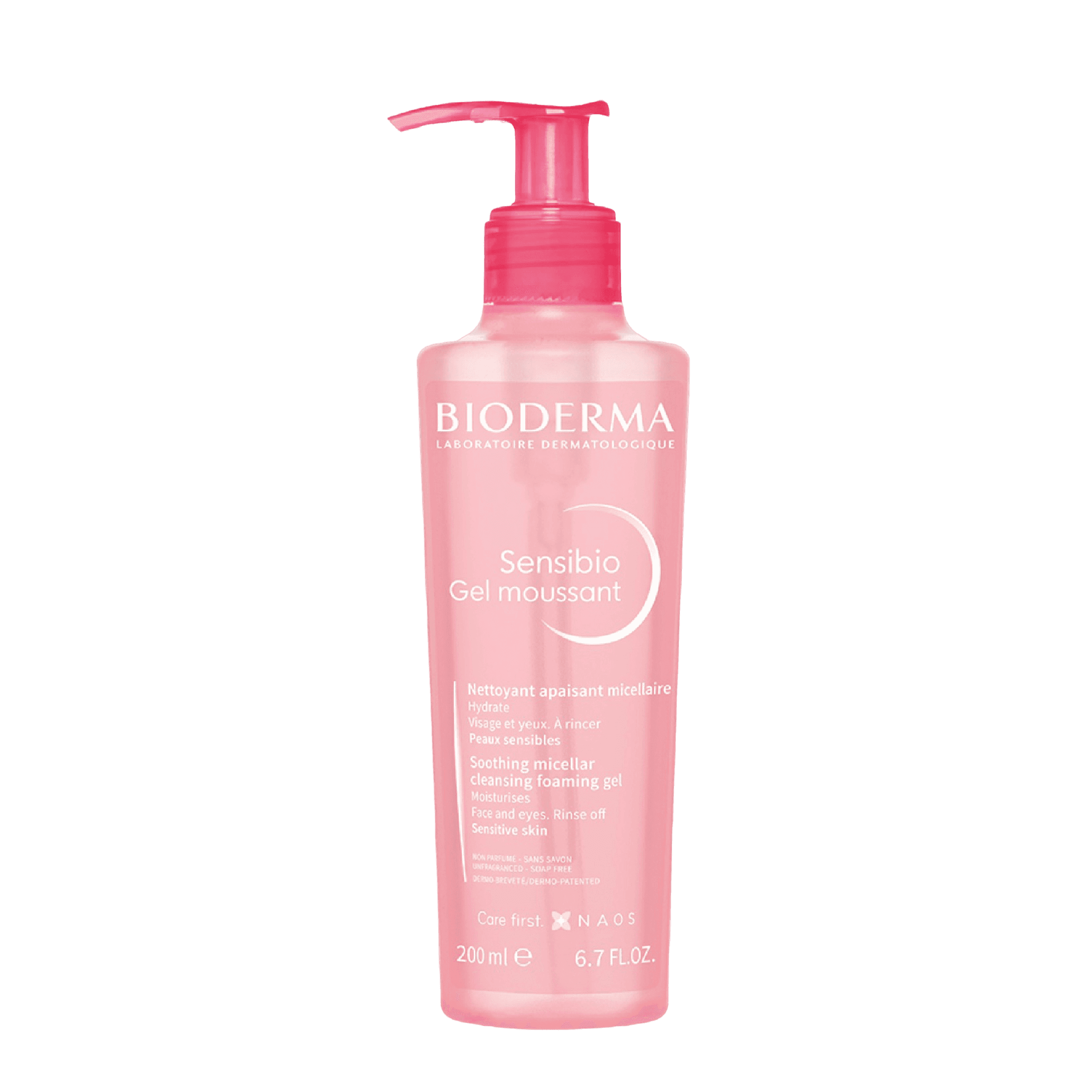 Bioderma Sensibio Gel Moussant 200 ml, a gentle foaming facial cleanser for sensitive skin. Soap-free formula soothes irritation and strengthens the skin barrier.