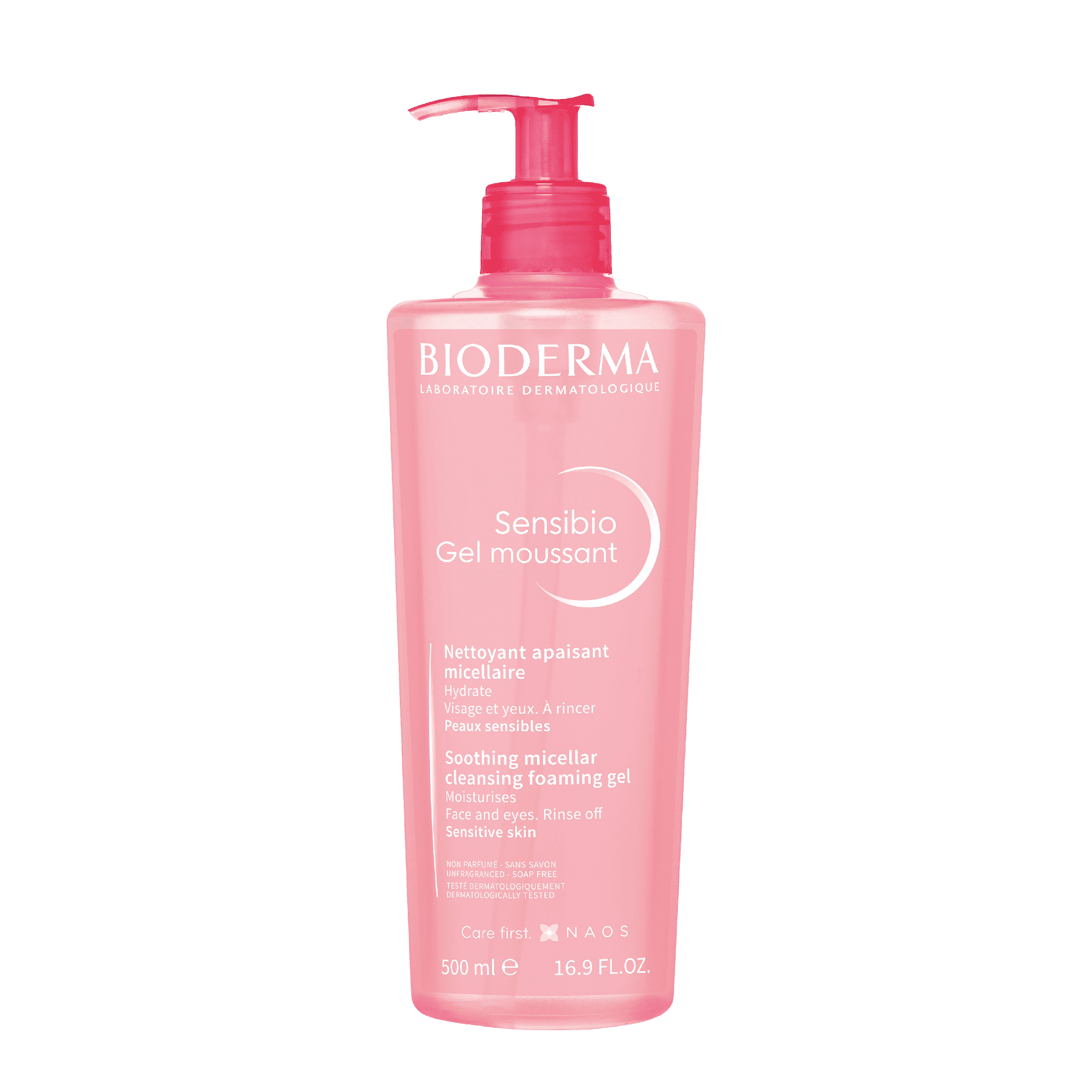 Bioderma Sensibio Gel Moussant 500 ml, a gentle foaming facial cleanser for sensitive skin. Soap-free formula soothes irritation and strengthens the skin barrier.