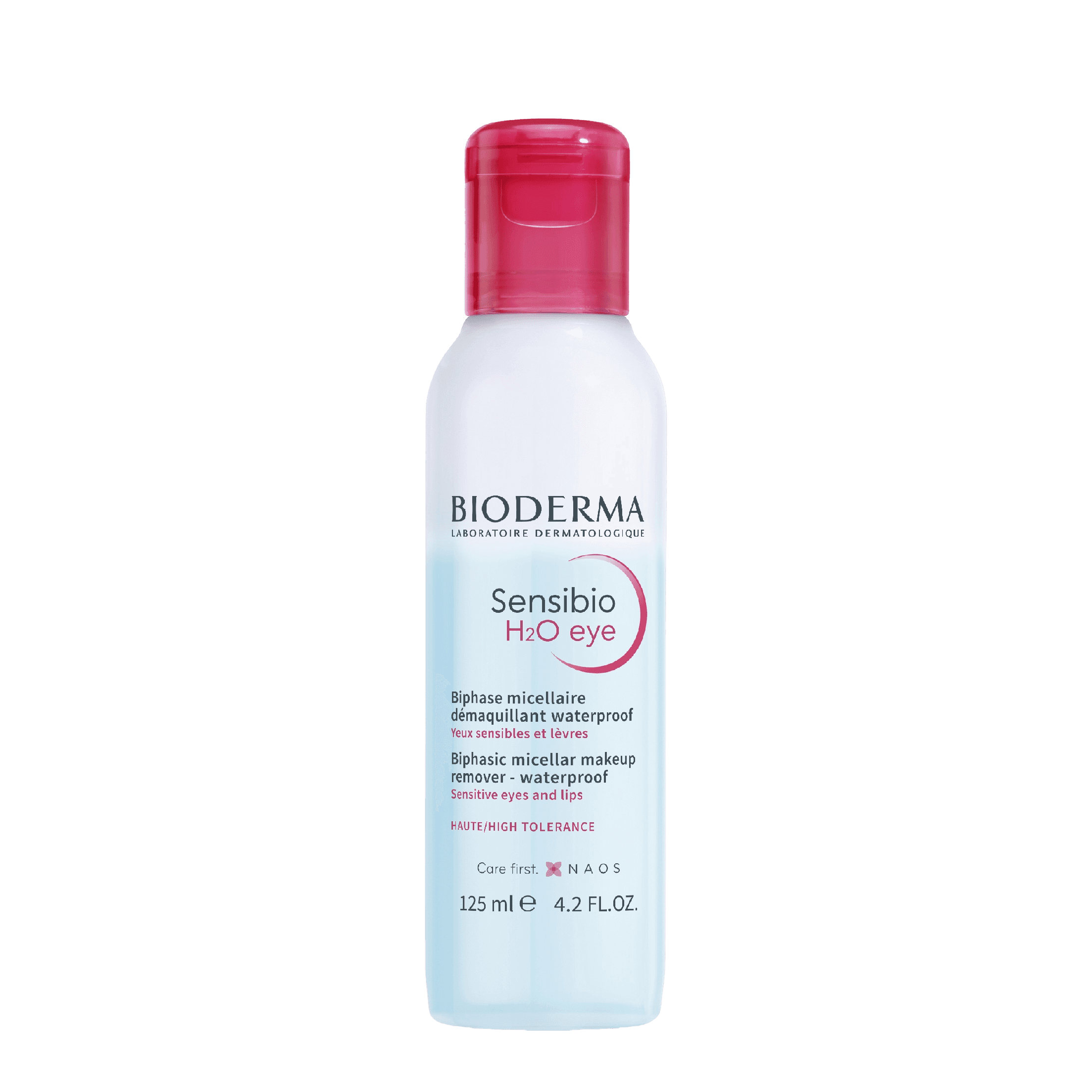 Bioderma Sensibio H2O Eye Micellar Water 125 ml, a gentle facial cleanser designed for sensitive skin. Effectively removes waterproof makeup while soothing the delicate eye area.