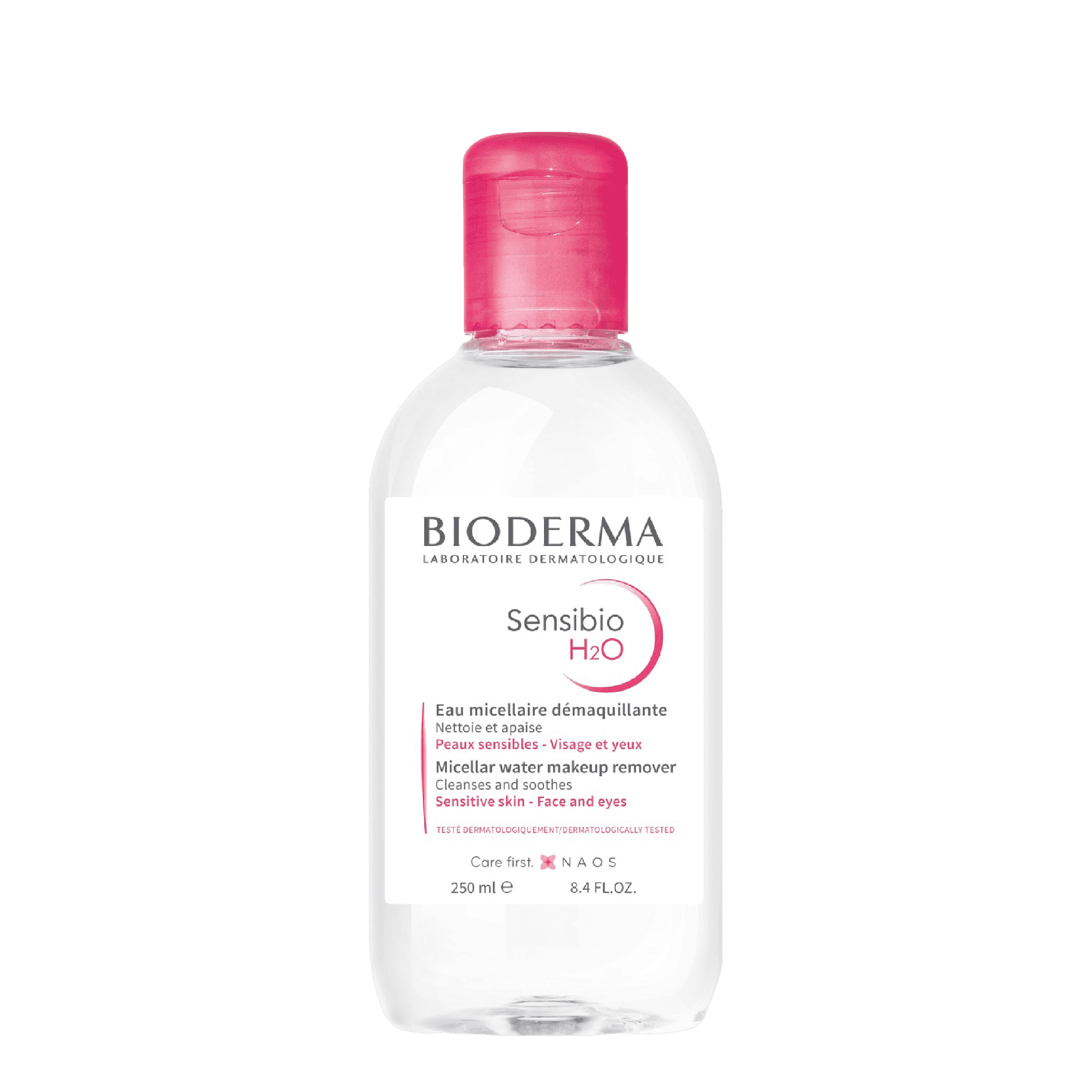 Bioderma Sensibio H2O Micellar Water 250 ml facial cleanser for sensitive skin. Gently removes makeup, dirt, and impurities while soothing irritation.