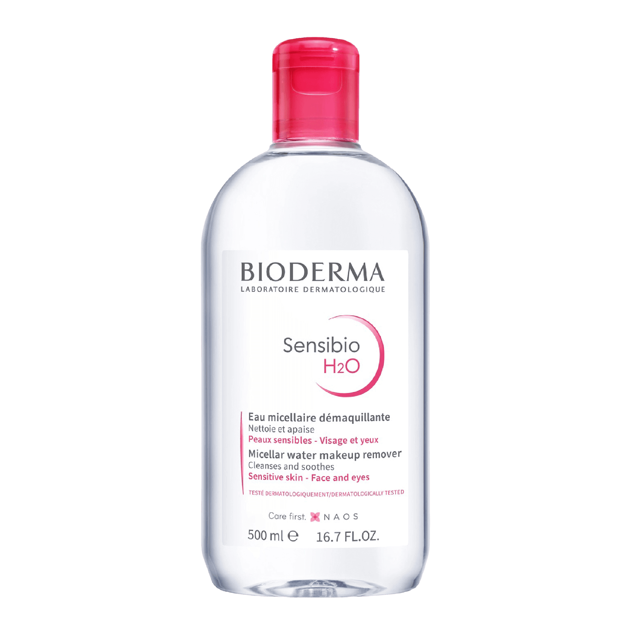 Bioderma Sensibio H2O Micellar Water 500 ml facial cleanser for sensitive skin. Gently removes makeup, dirt, and impurities while soothing irritation.