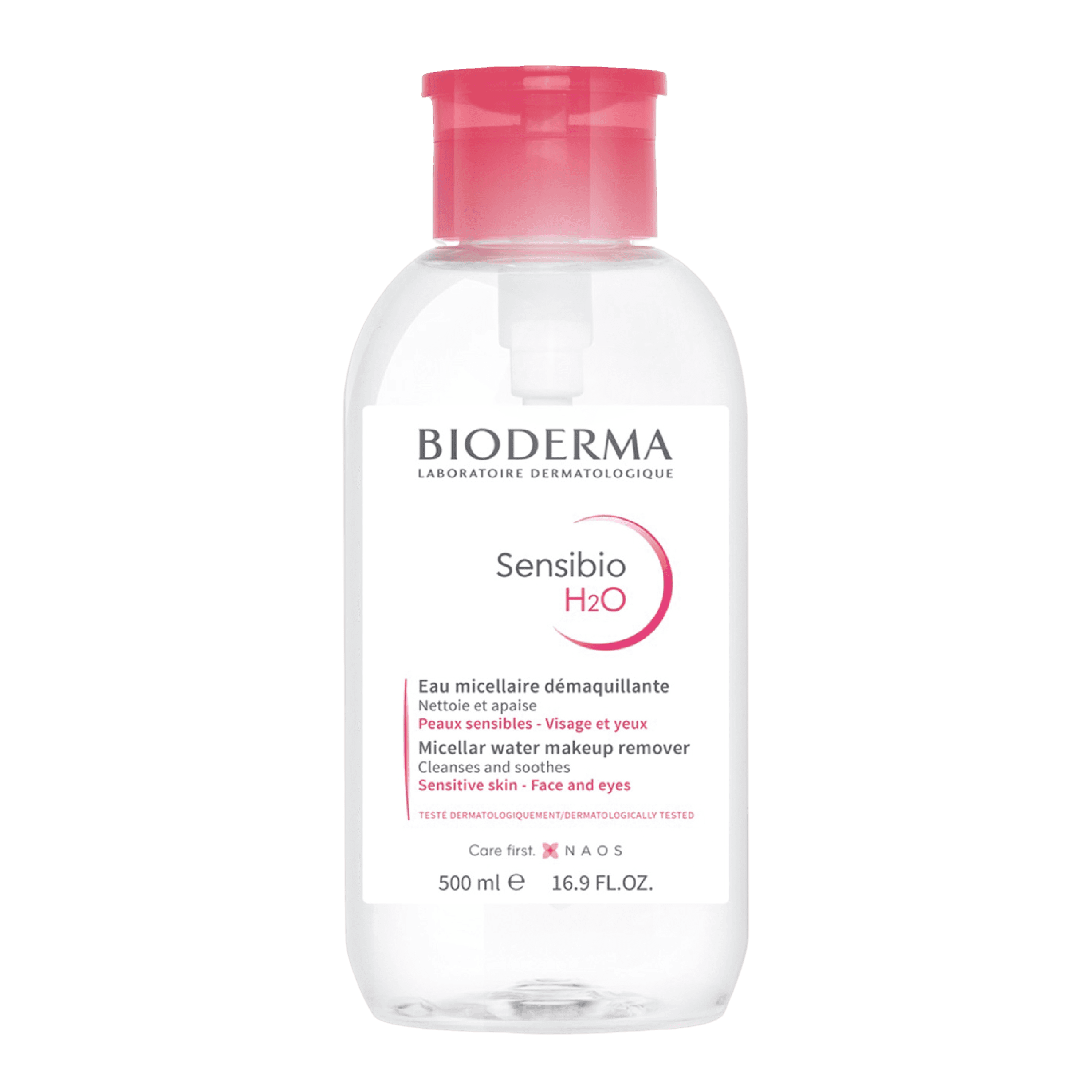 Bioderma Sensibio H2O Micellar Water Pump 500 ml facial cleanser for sensitive skin. Gently removes makeup, dirt, and impurities while soothing irritation.