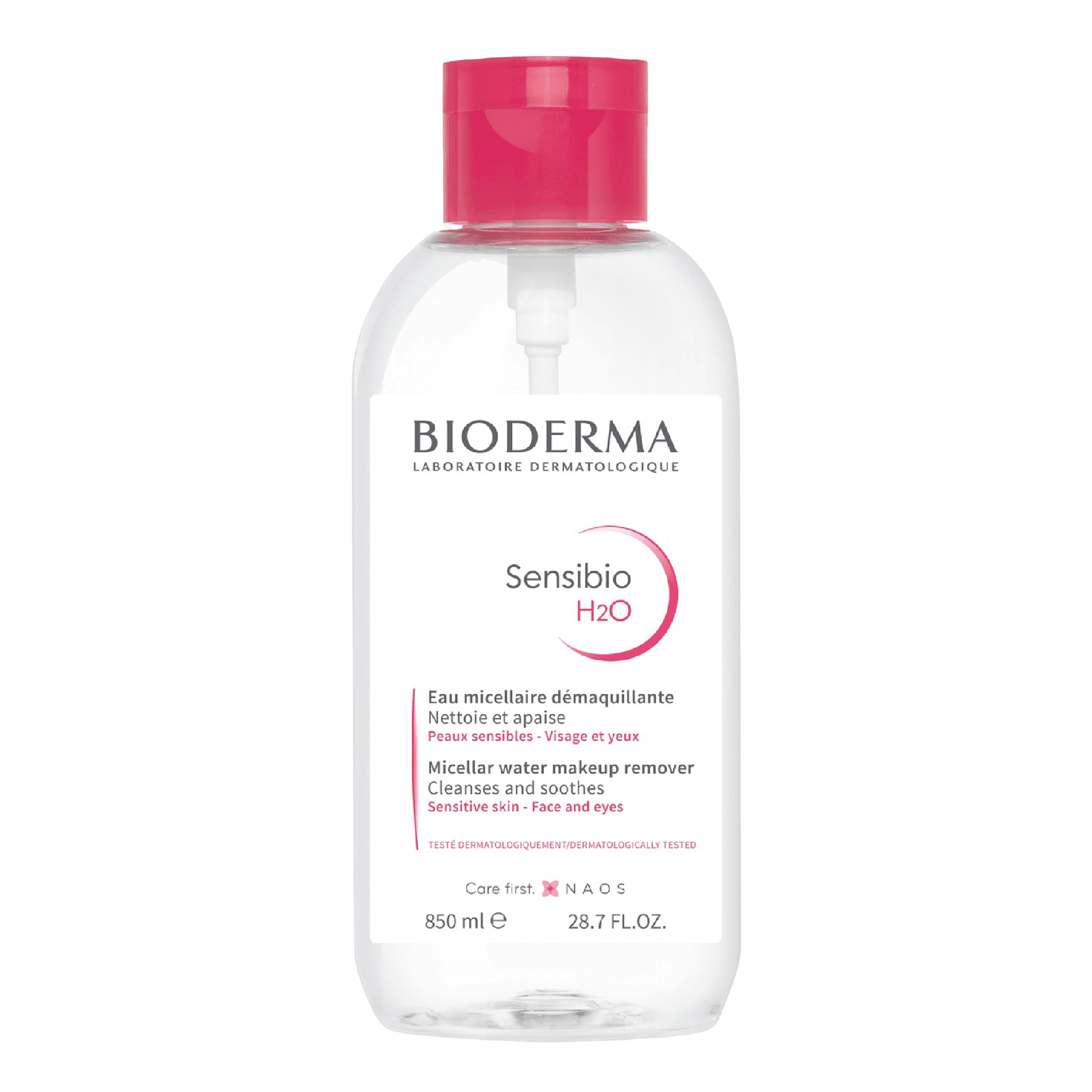 Bioderma Sensibio H2O Micellar Water Pump 850 ml facial cleanser for sensitive skin. Gently removes makeup, dirt, and impurities while soothing irritation.