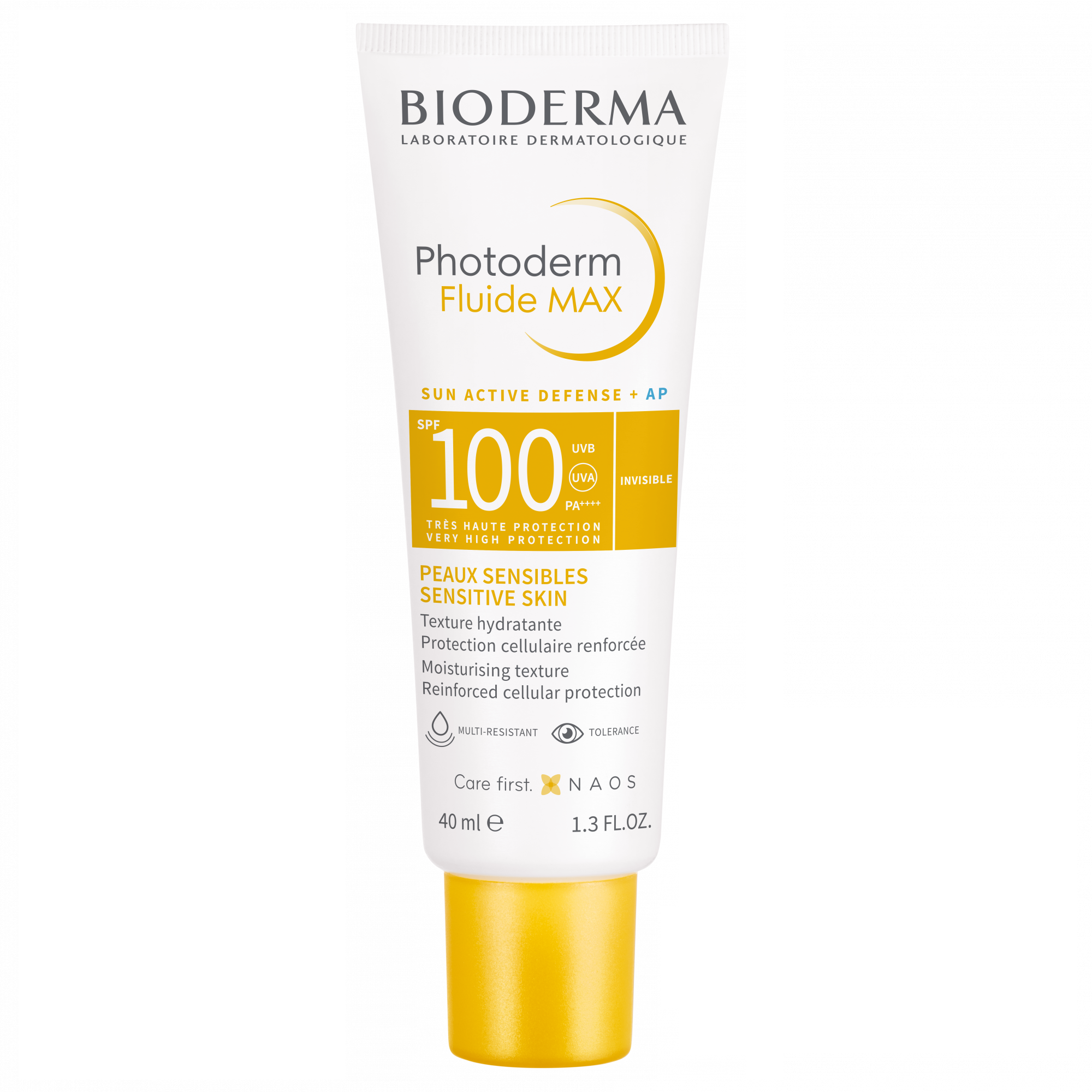 Bioderma Photoderm Fluide MAX SPF100+ sunscreen in a 40ml tube. Designed for sensitive skin with high sun protection and a lightweight texture.