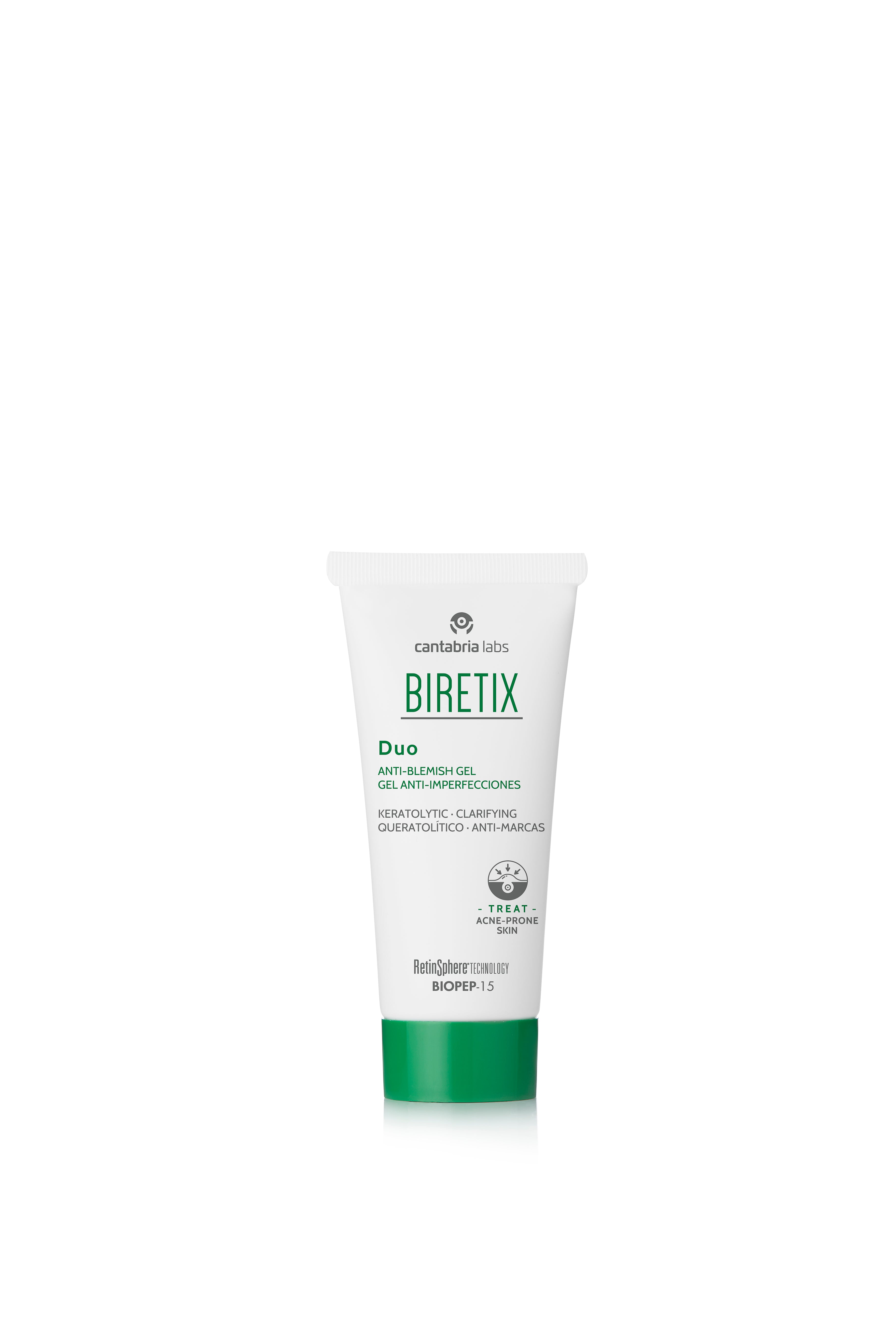 Biretix Duo Anti-Blemish Gel 30 ml tube designed for oily and combination skin, enriched with Vitamin E and clarifying ingredients.