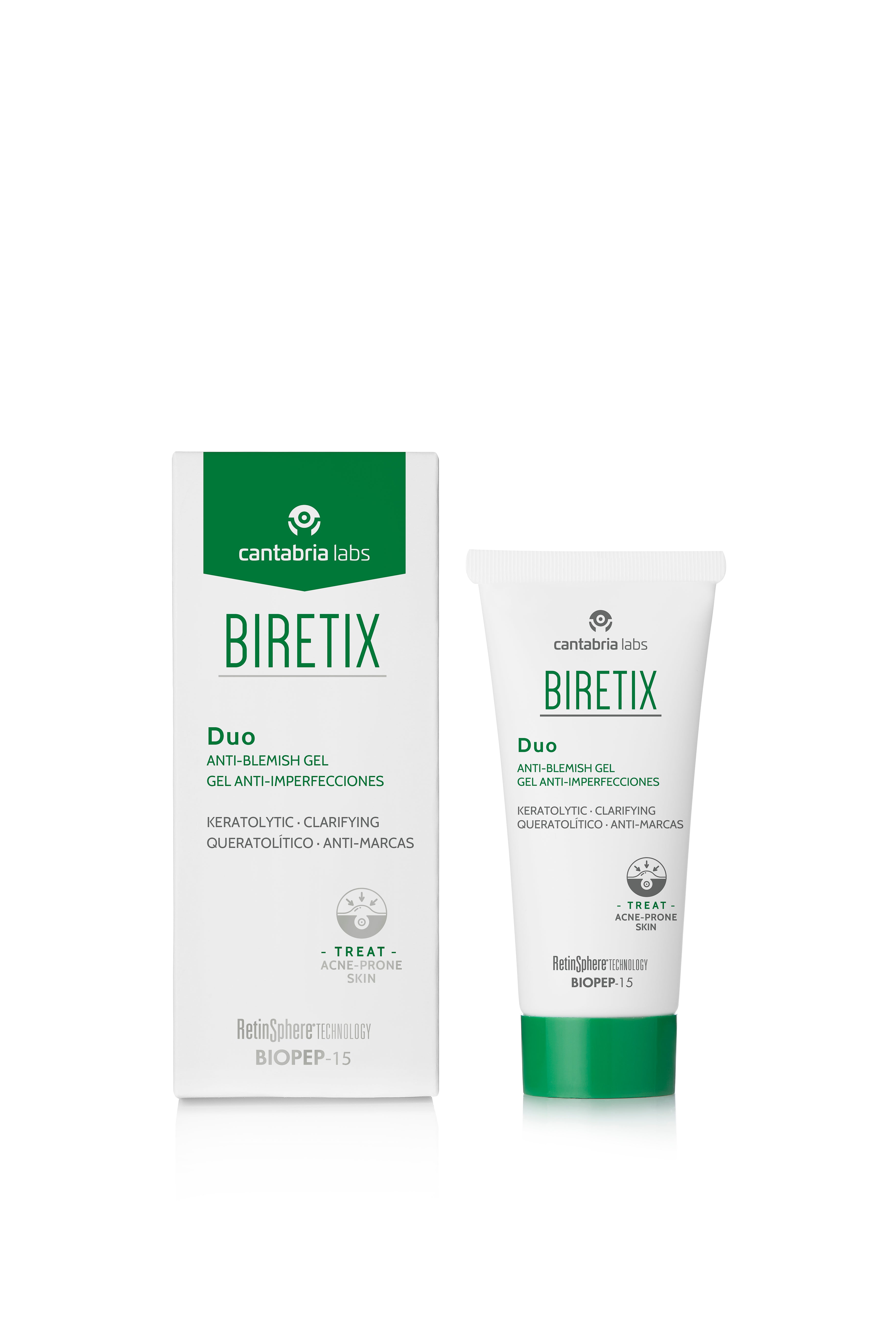 Biretix Duo Anti-Blemish Gel 30 ml with box and tube shown together, ideal for reducing acne, blemishes, and improving skin texture.