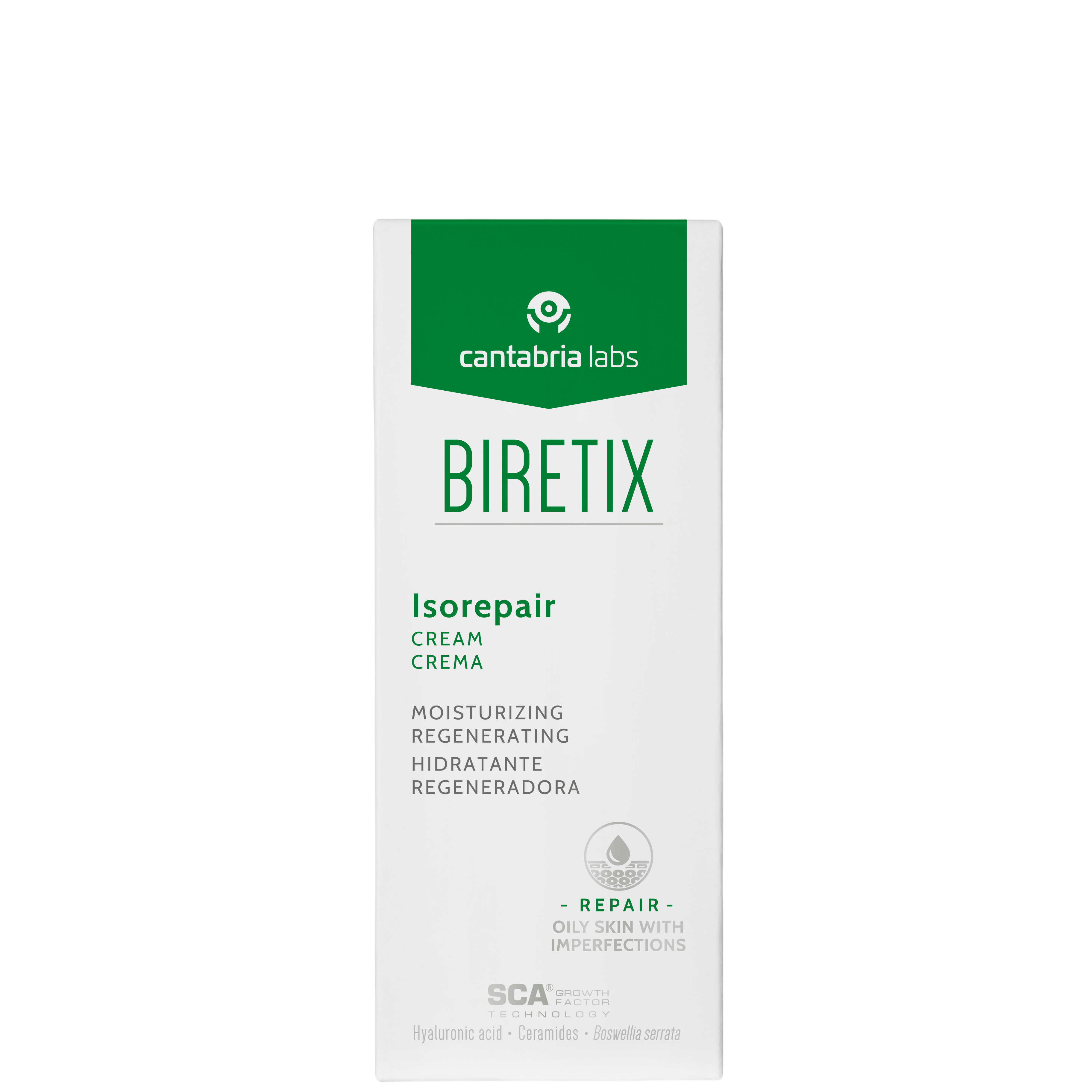 Biretix Isorepair Cream box packaging for retinoid skin, featuring ceramides, hyaluronic acid, and vitamin E for oily and irritated skin.