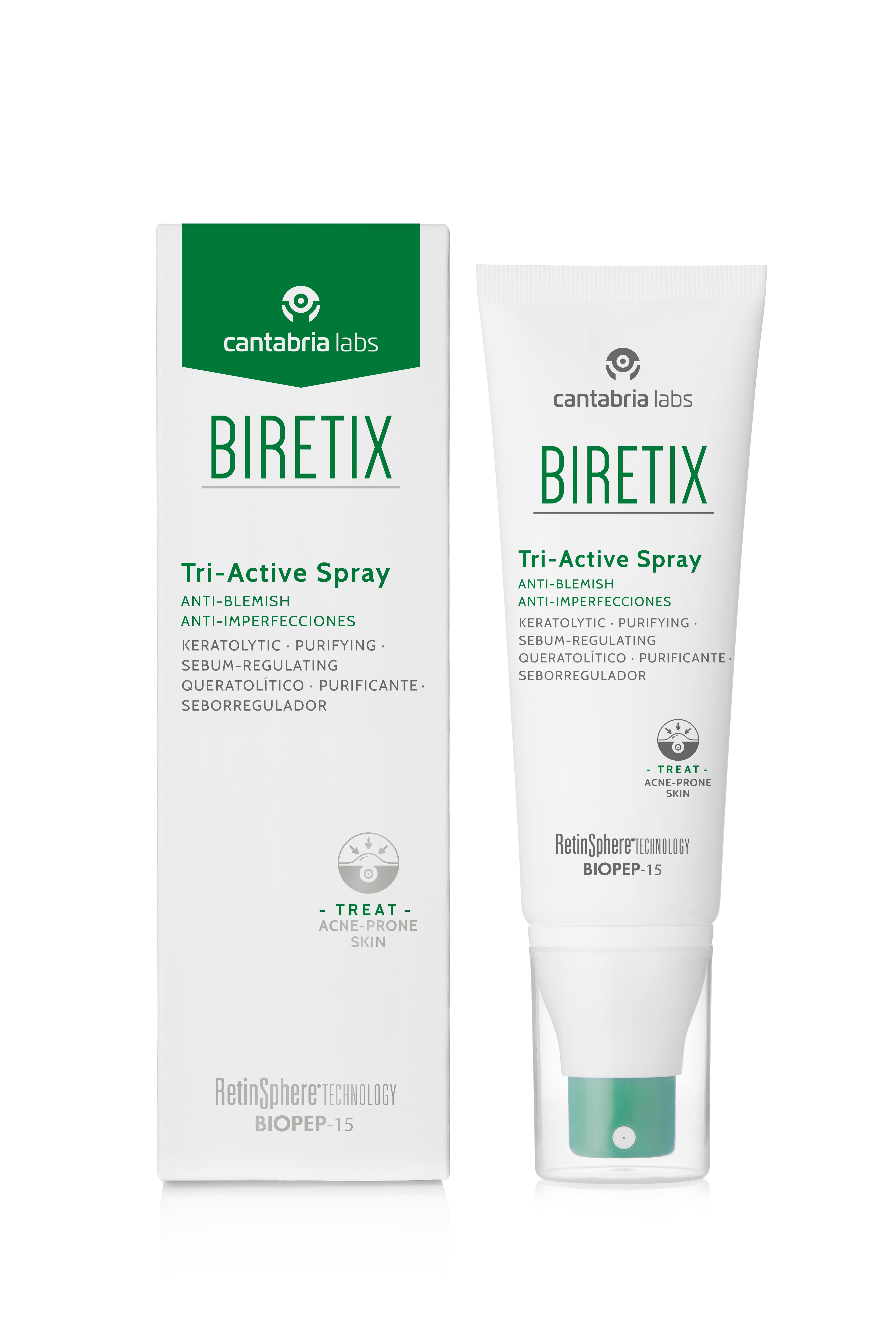 Biretix Tri-Active Spray 100 ml product and box set for treating body acne and blemishes, featuring keratolytic and sebum-regulating properties.