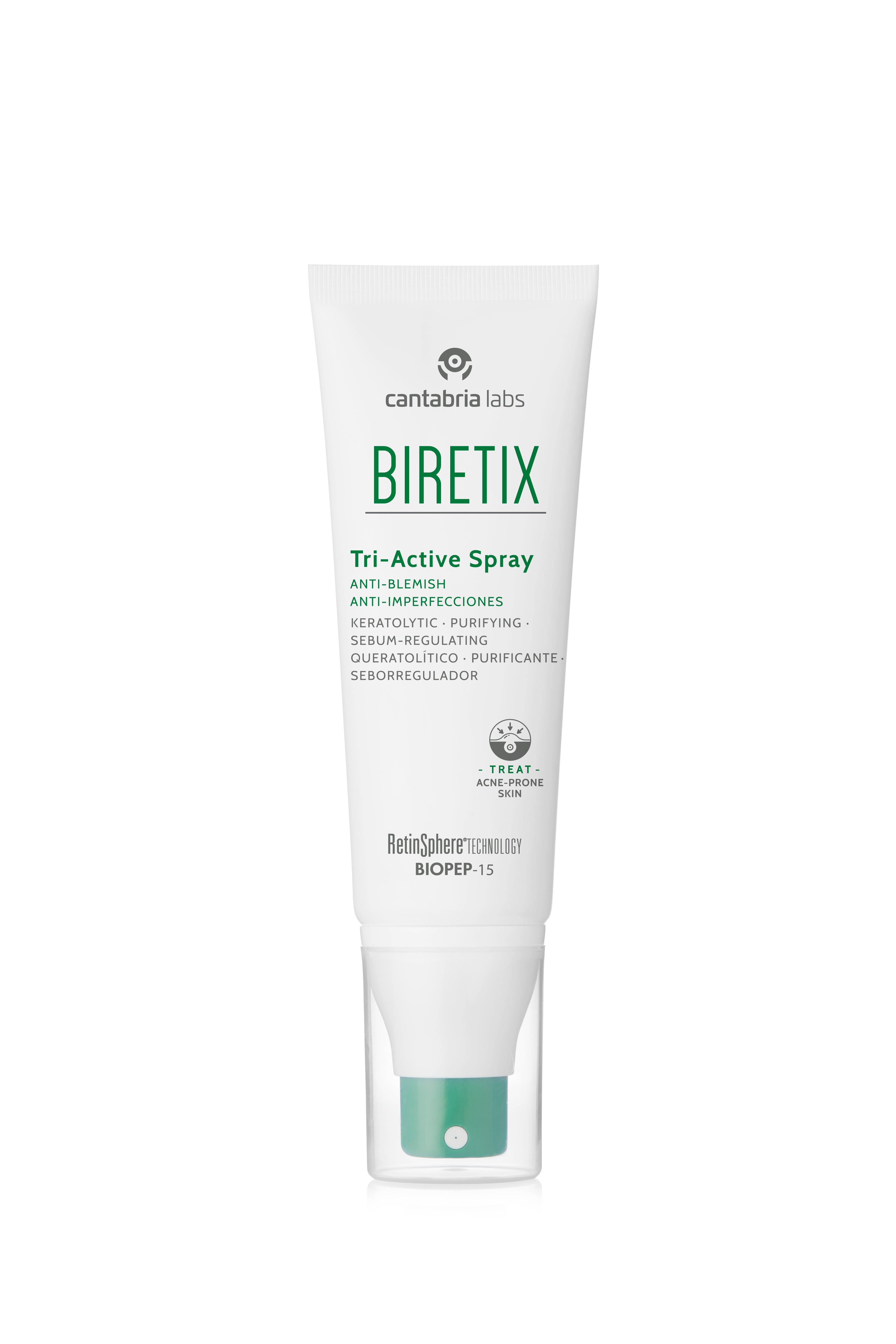 Biretix Tri-Active Spray 100 ml bottle with anti-blemish formula for body exfoliation, targeting oily and combination skin with gentle care.