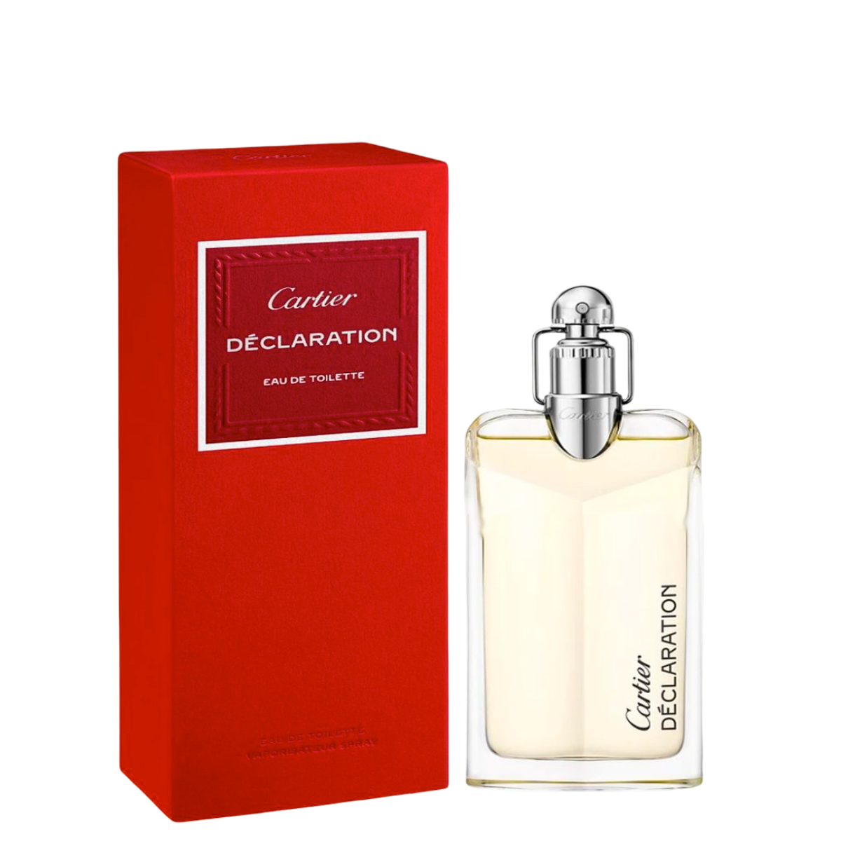 Cartier Declaration EDT 100 ml for men with red packaging and elegant bottle, a woody citrus musk fragrance in luxury perfume category.