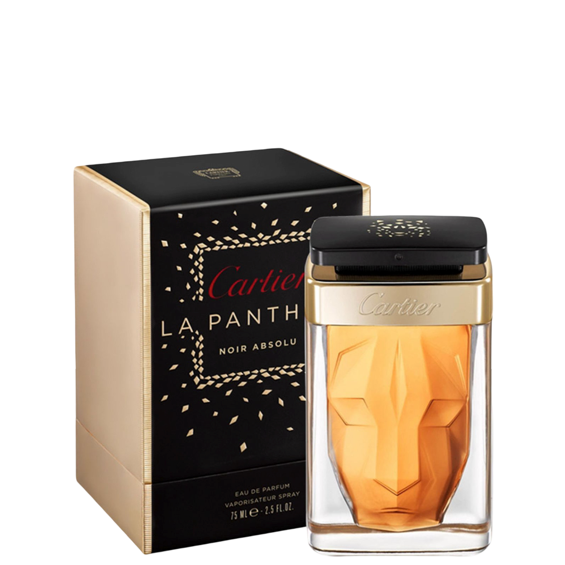 Cartier Panthere Noir Absolu Perfume 75ml with elegant black and gold packaging and sculpted panther bottle design, ideal for luxury fragrance lovers.