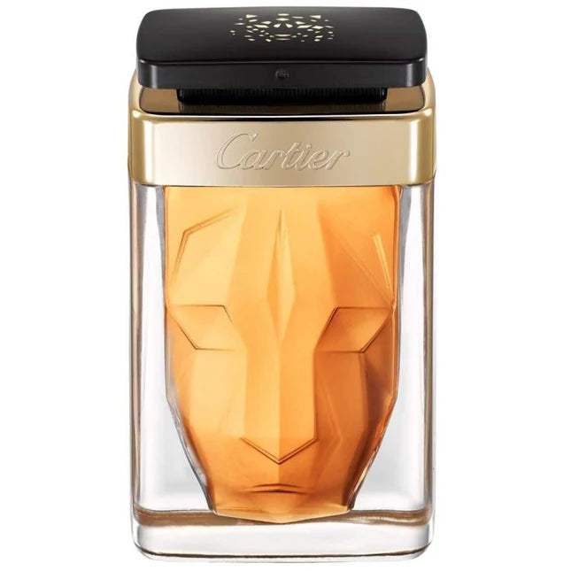 Cartier Panthere Noir Absolu Perfume 75ml bottle featuring a golden panther face inside clear glass, symbolizing bold and sensual scent notes.