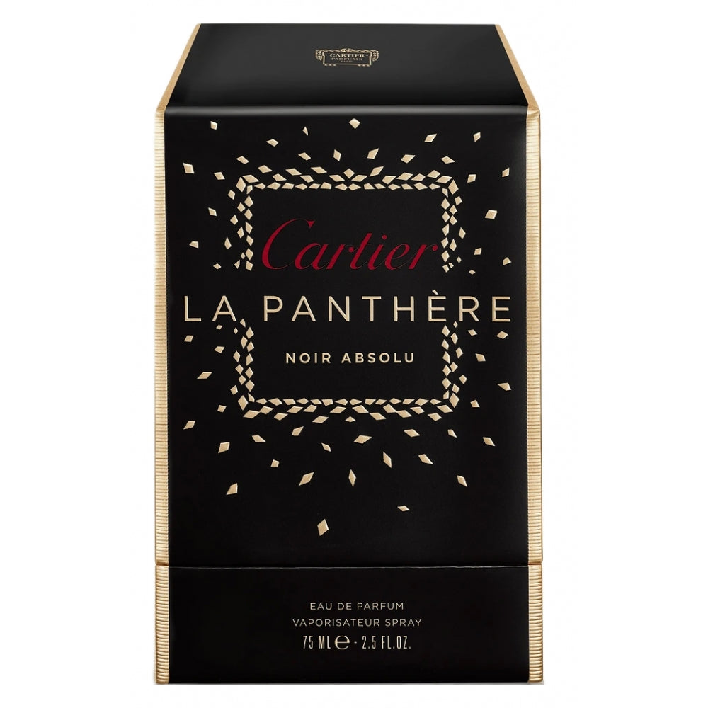 Cartier Panthere Noir Absolu Perfume box in black with gold accents, showcasing a premium oriental woody fragrance for women, 75ml.