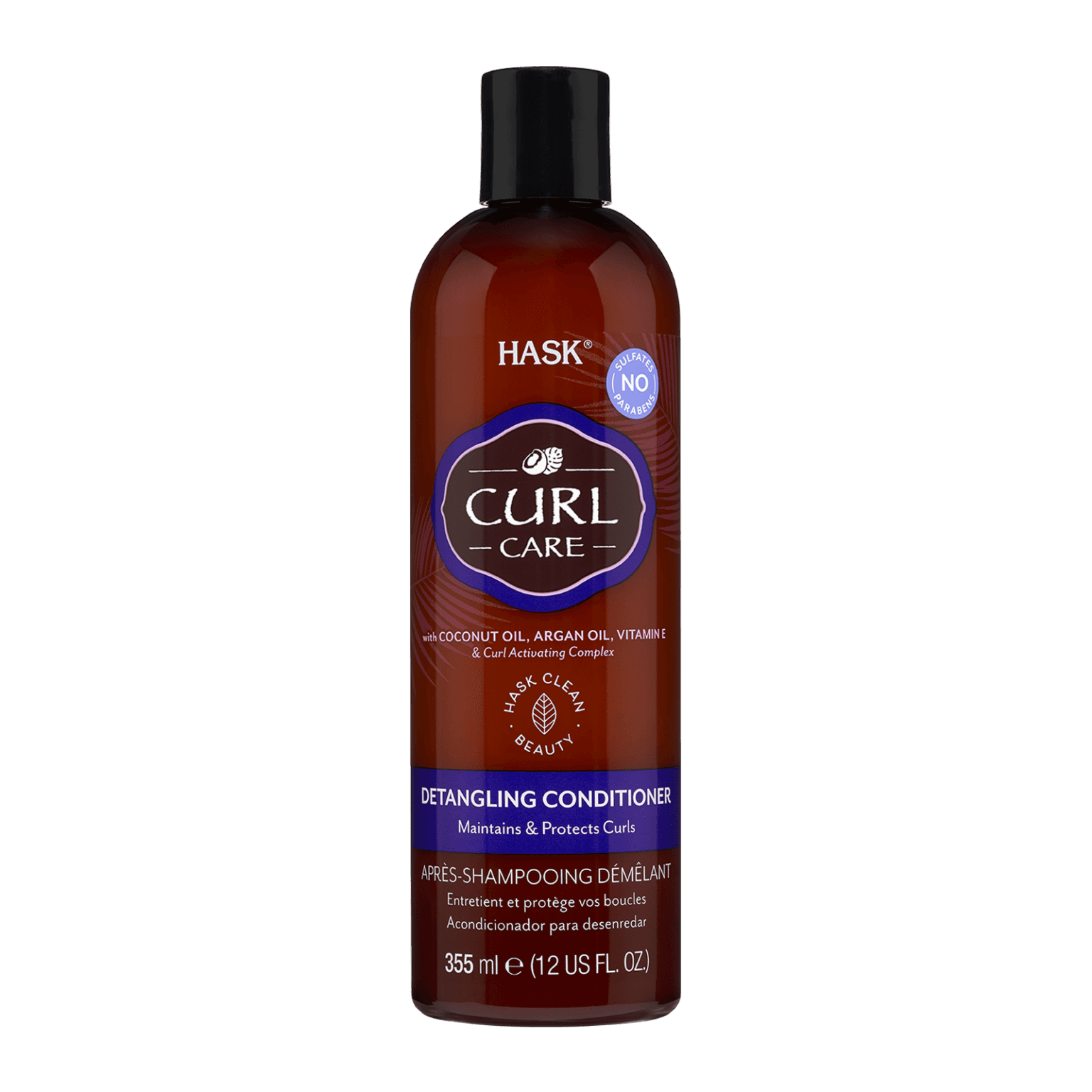Hask Curl Care Moisturizing Conditioner 355 ml, enriched with coconut oil, argan oil, and vitamin E for frizz-free curl definition and hydration.