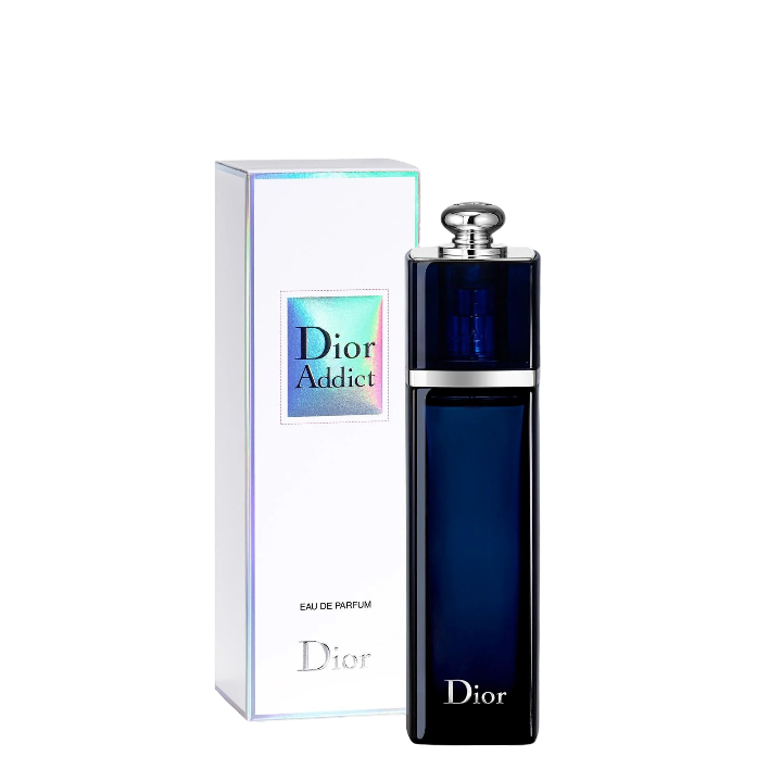 Dior Addict Eau De Parfum 50ml with box, featuring a sleek dark blue bottle and iridescent packaging. Ideal jasmine vanilla perfume for women.