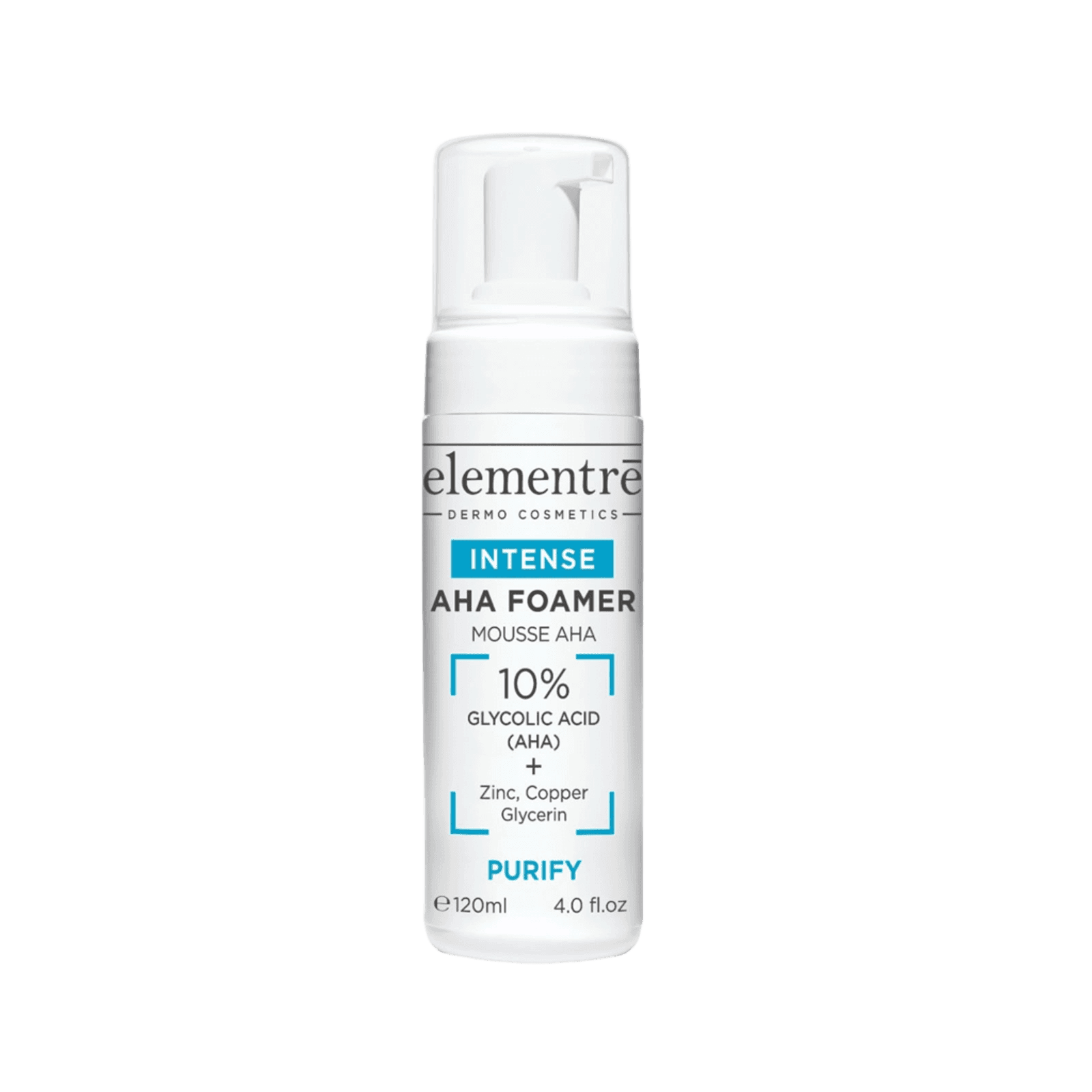 White cylindrical bottle of Elementre AHA Foaming Cleanser for oily skin with pump dispenser, label highlighting glycolic acid and skincare benefits