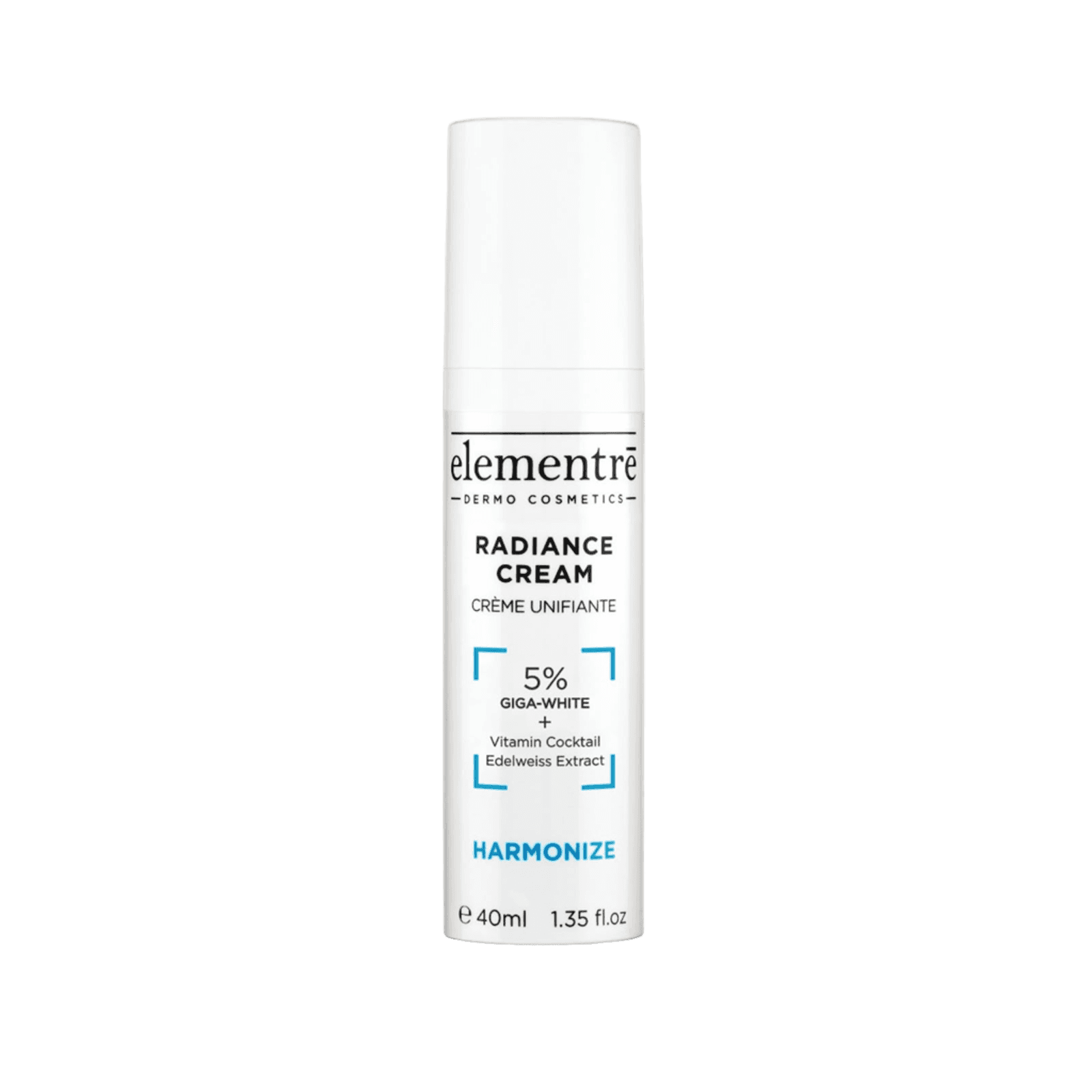 White cylindrical bottle of Elementre Radiance Cream for hyperpigmentation with black text, 40ml size, designed for skin brightening and dark spot fading