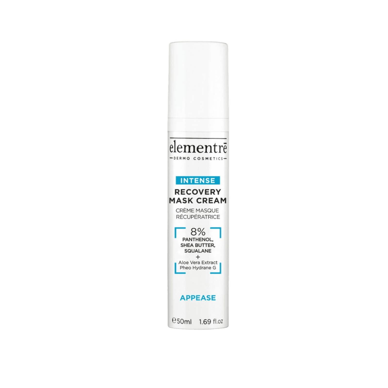 Elementre Recovery Mask Cream for dry skin in a white tube with black and blue text, featuring 8% panthenol, shea butter, squalane, aloe vera, and hydrating ingredients, 50ml size.