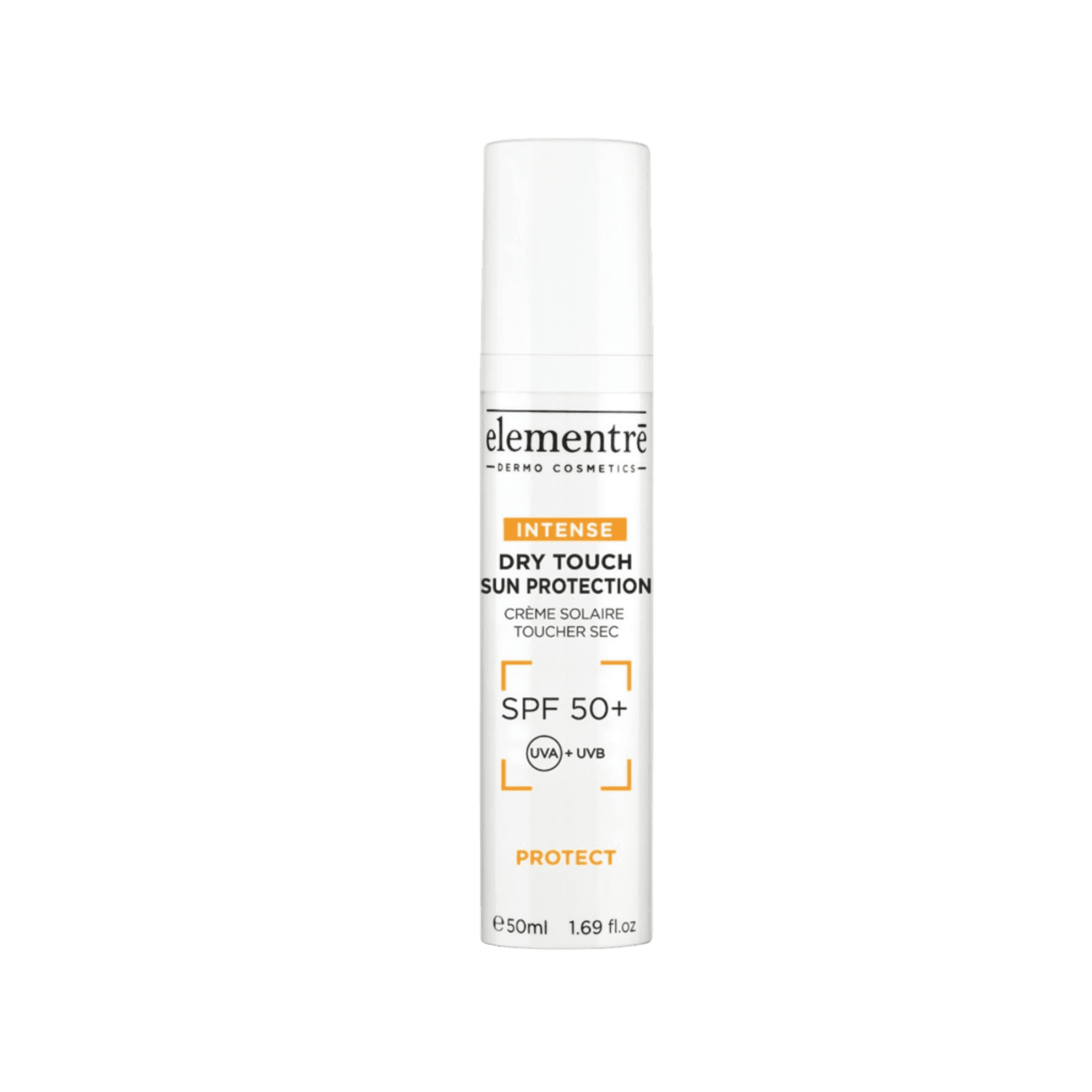 Elementre Dry Touch Sunscreen SPF50 in white cylindrical bottle with black and orange text, lightweight formula for daily skin protection, 50ml