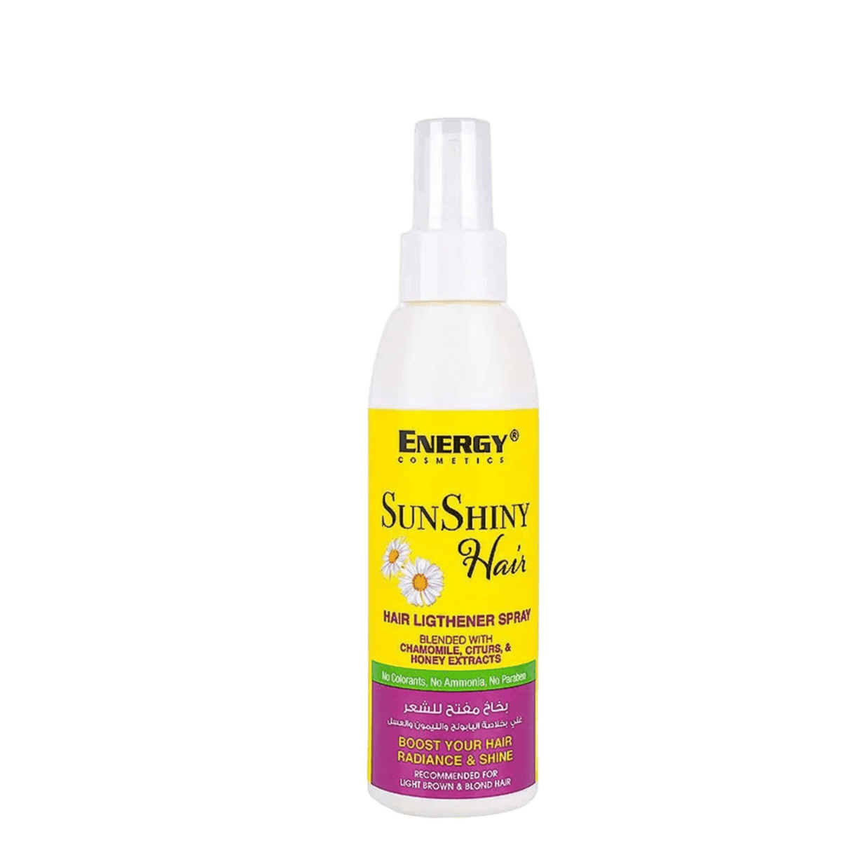 Yellow spray bottle of Energy SunShiny Hair Lightener Spray with chamomile, citrus, honey extracts, no parabens, for radiant shine