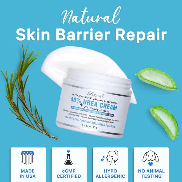 Ebanel Urea Repair Cream with 40% Urea and 2% Salicylic Acid shown with aloe and rosemary, highlighting natural skin barrier repair and hypoallergenic benefits.