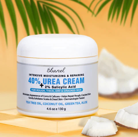 Ebanel Urea Repair Cream 40% with Salicylic Acid displayed with coconut and aloe, ideal for dry heels, hands, and elbows. Intensive moisturizing body cream.