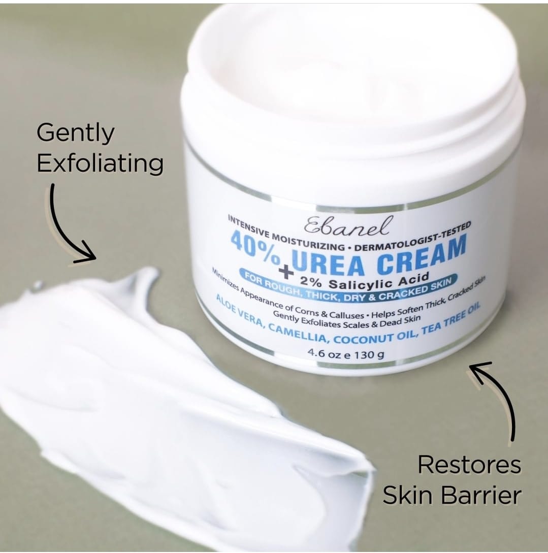 Open jar of Ebanel Urea Repair Cream 40% with Salicylic Acid showing creamy texture. Gently exfoliates and restores skin barrier for dry, cracked skin.