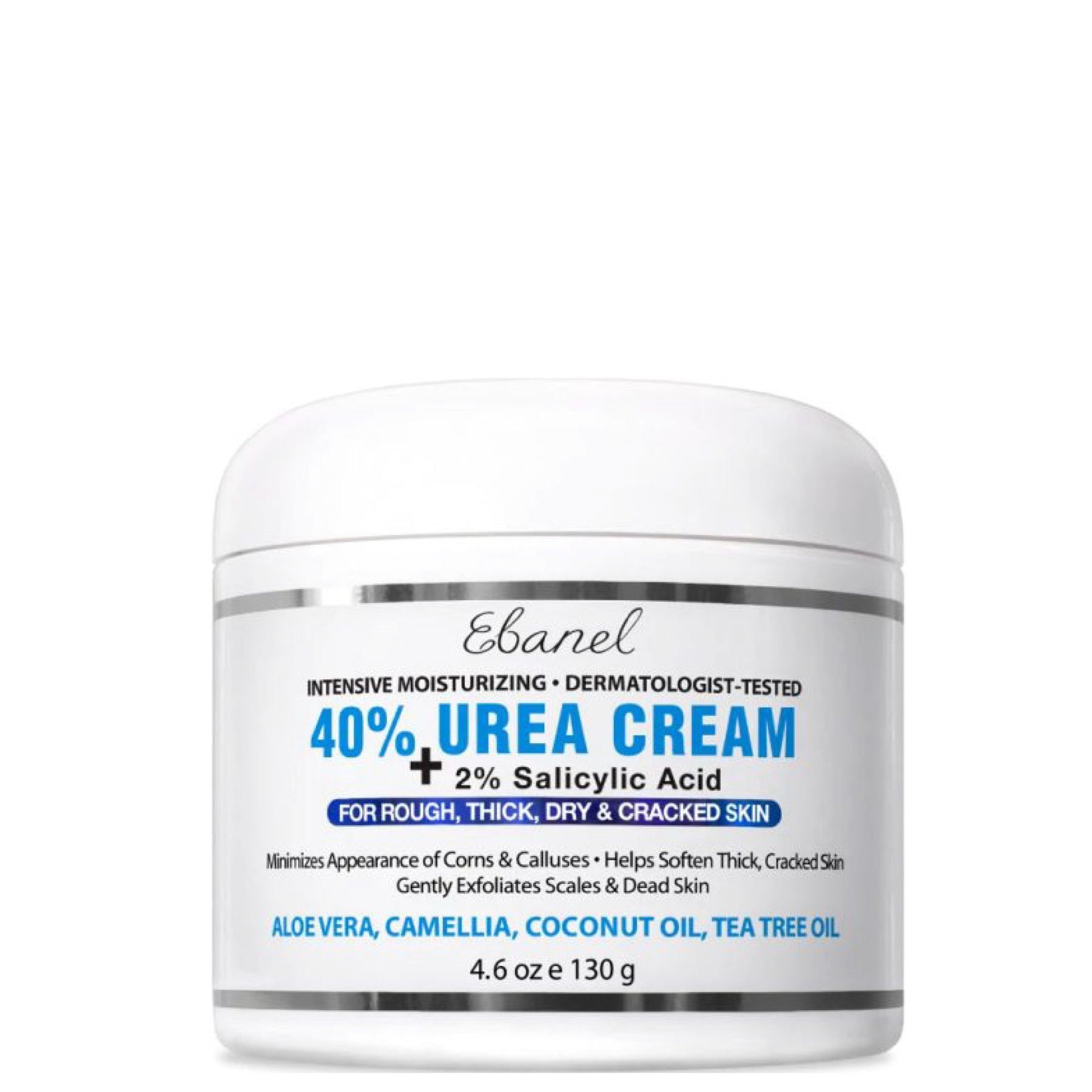 Ebanel Urea Repair Cream 40% with Salicylic Acid in a 4.6 oz jar for rough, dry, and cracked skin on hands and feet. Dermatologist-tested formula.