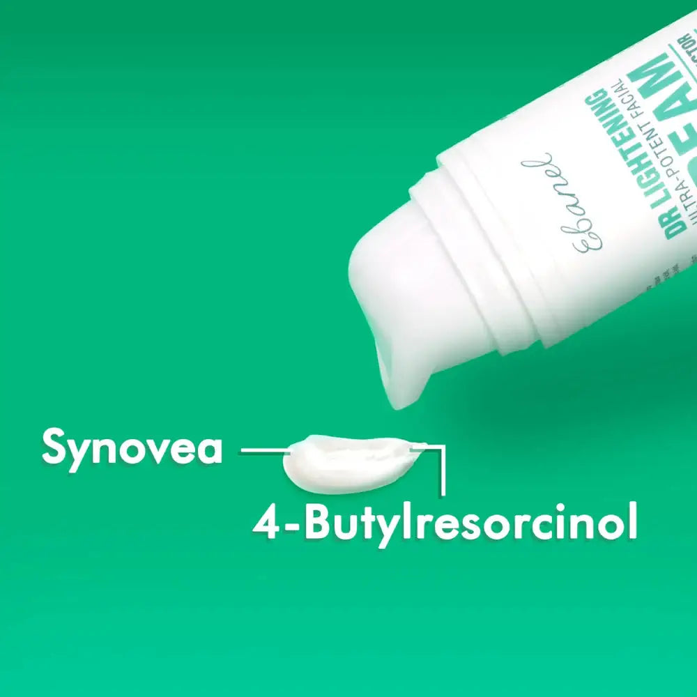 Close-up of Ebanel Ultra Cream texture with Synovea and 4-Butylresorcinol, key ingredients for brightening and spot treatment skincare.