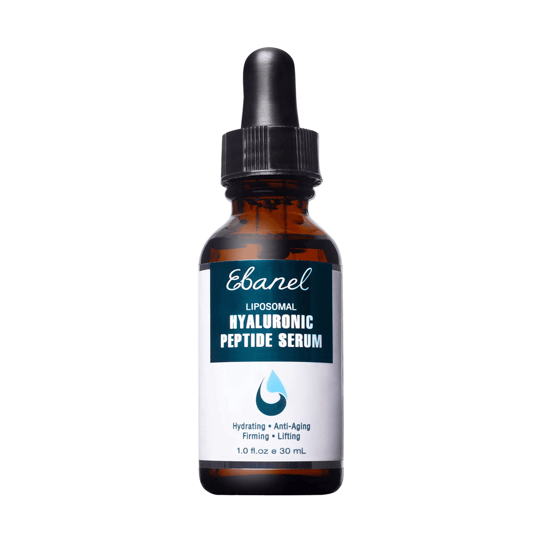 Ebanel Liposomal Hyaluronic Peptide Serum 30 ml in an amber glass dropper bottle. Hydrating and anti-aging facial serum for firming and lifting skin.