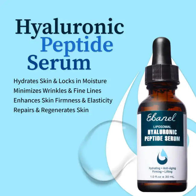 Ebanel Liposomal Hyaluronic Peptide Serum with benefits including hydration, wrinkle reduction, and skin regeneration. Ideal for anti-aging skincare.