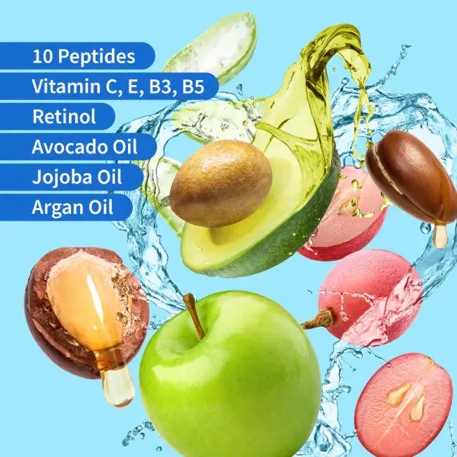 Key ingredients of Ebanel Liposomal Hyaluronic Peptide Serum, including peptides, vitamins C, E, B3, B5, retinol, avocado oil, jojoba oil, and argan oil.