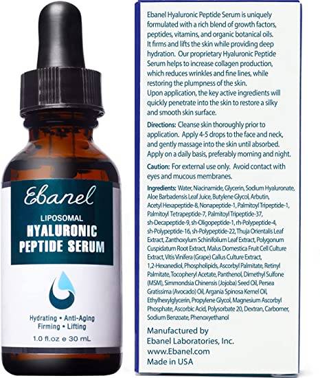 Ebanel Liposomal Hyaluronic Peptide Serum bottle with packaging details, including ingredients and usage instructions for optimal skincare benefits.