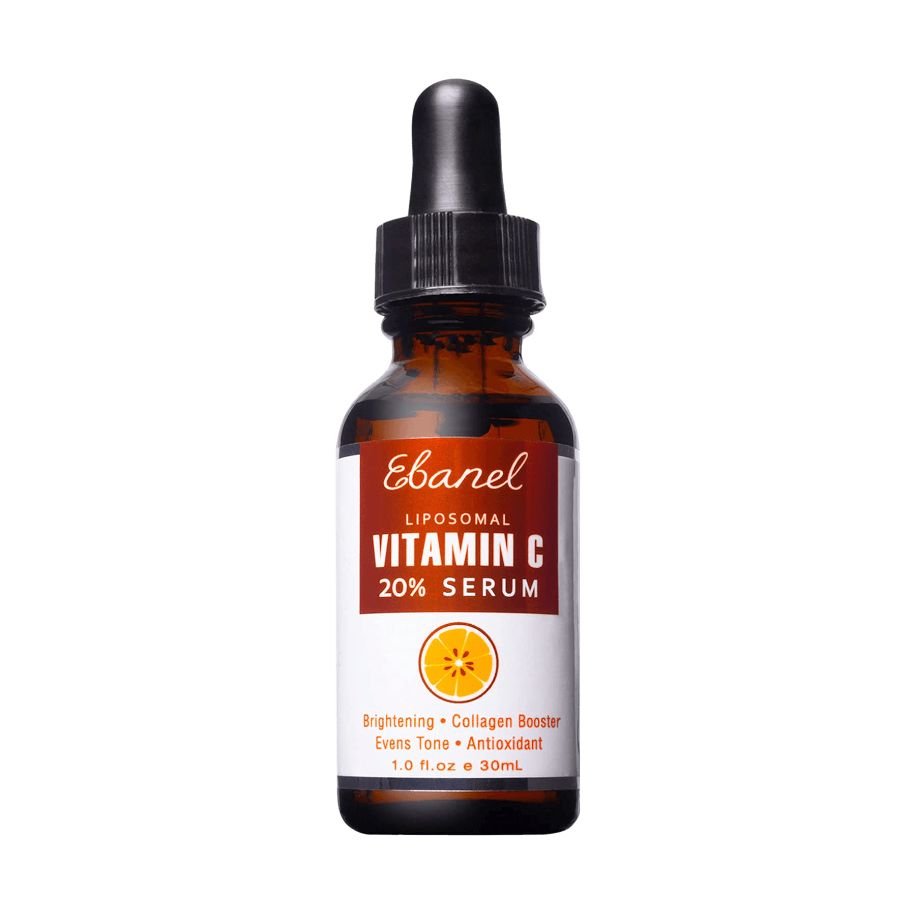 Ebanel Liposomal Vitamin C 20% Serum in a 30ml amber glass bottle with a dropper. Designed for brightening, hydration, and collagen boosting.