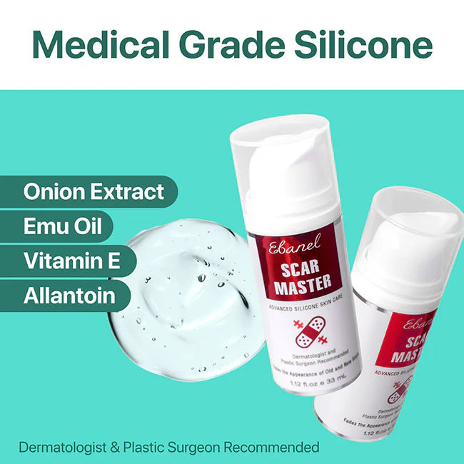 Ebanel Scar Master gel with medical grade silicone, enriched with onion extract, emu oil, vitamin E, and allantoin for scar healing.