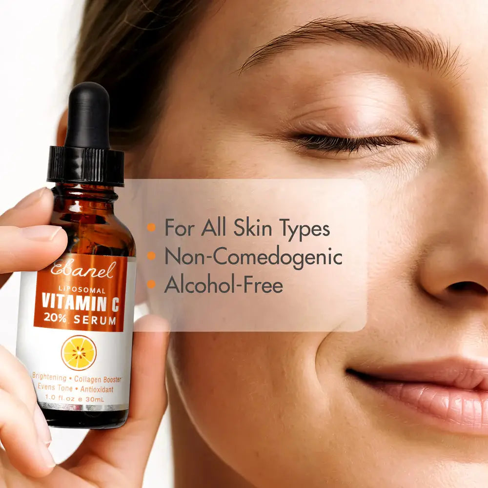 Woman holding Ebanel Liposomal Vitamin C 20% Serum bottle near her face. Highlights benefits: suitable for all skin types, non-comedogenic, alcohol-free.