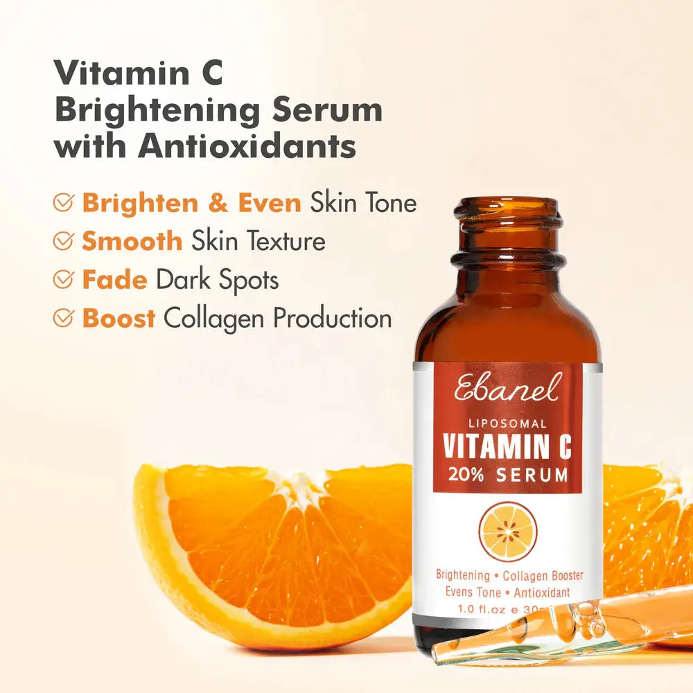 Ebanel Liposomal Vitamin C 20% Serum bottle with fresh orange slices. Emphasizes benefits: brightens skin tone, smooths texture, fades dark spots, boosts collagen.