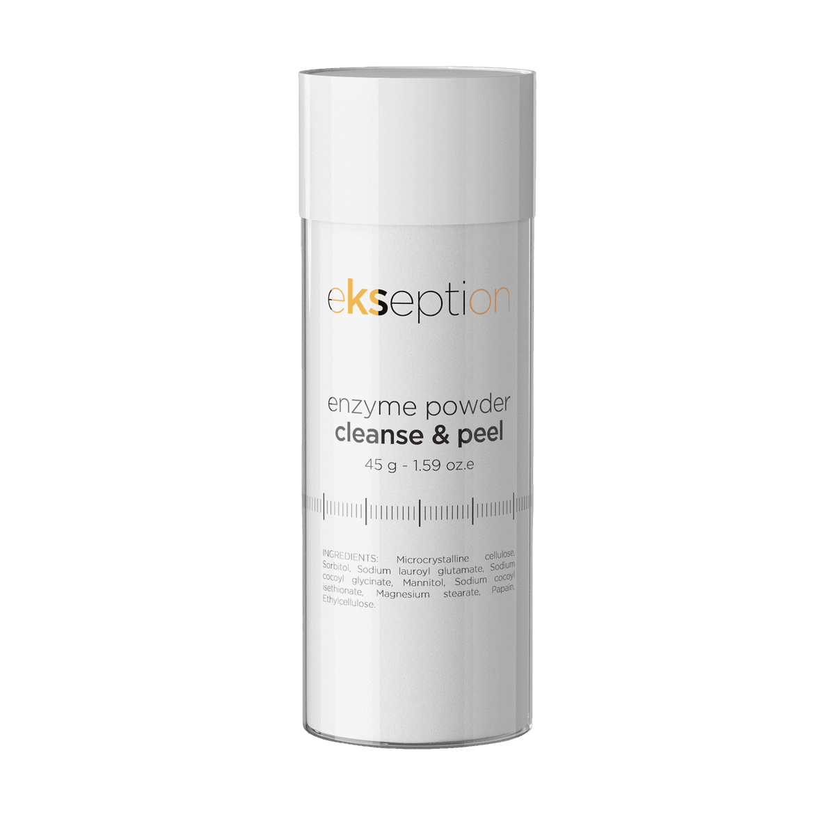 Ekseption Enzyme Powder Cleanse & Peel 45g in a sleek white bottle with minimalist design. A gentle exfoliating facial cleanser for radiant skin.