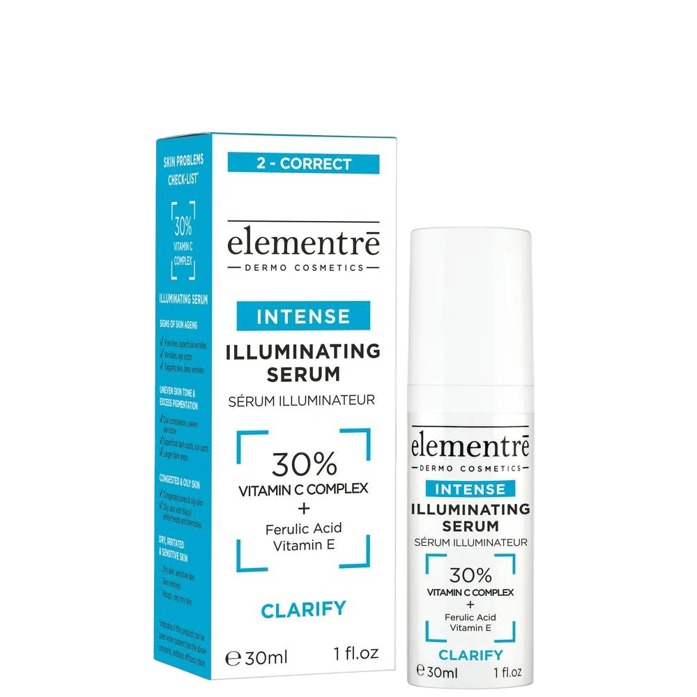 Elementre Intense Illuminating Serum 30ml in white bottle with blue and black text, skincare product for brightening and clarifying skin