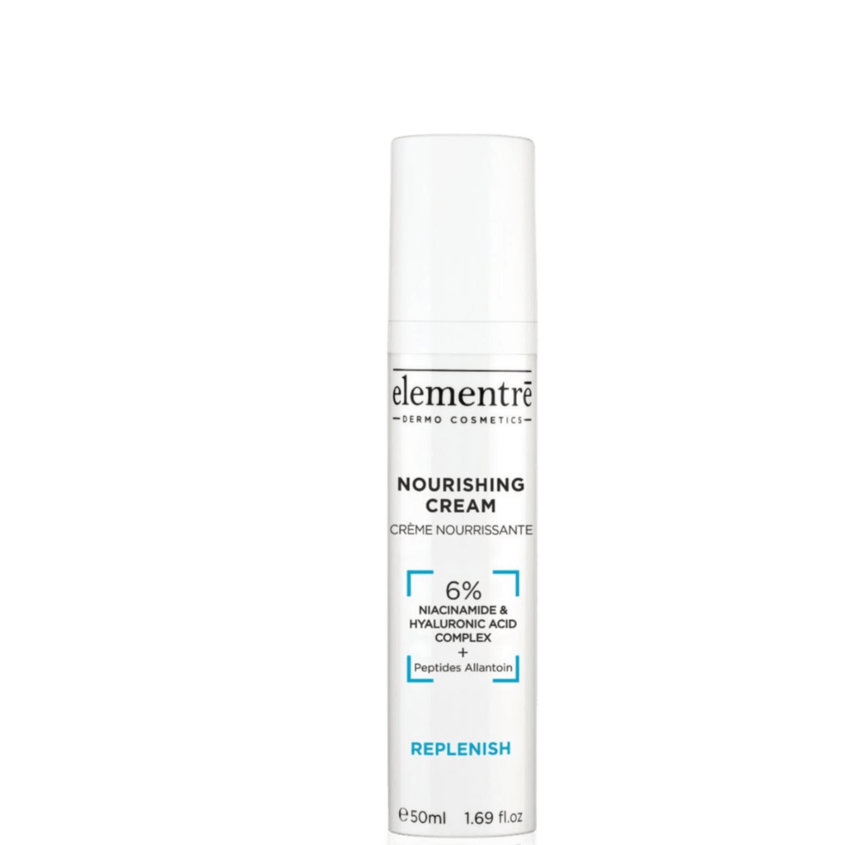 White cylindrical tube of Elementre Nourishing Hydrating Cream with Niacinamide, 50ml, featuring black and blue text for skincare hydration