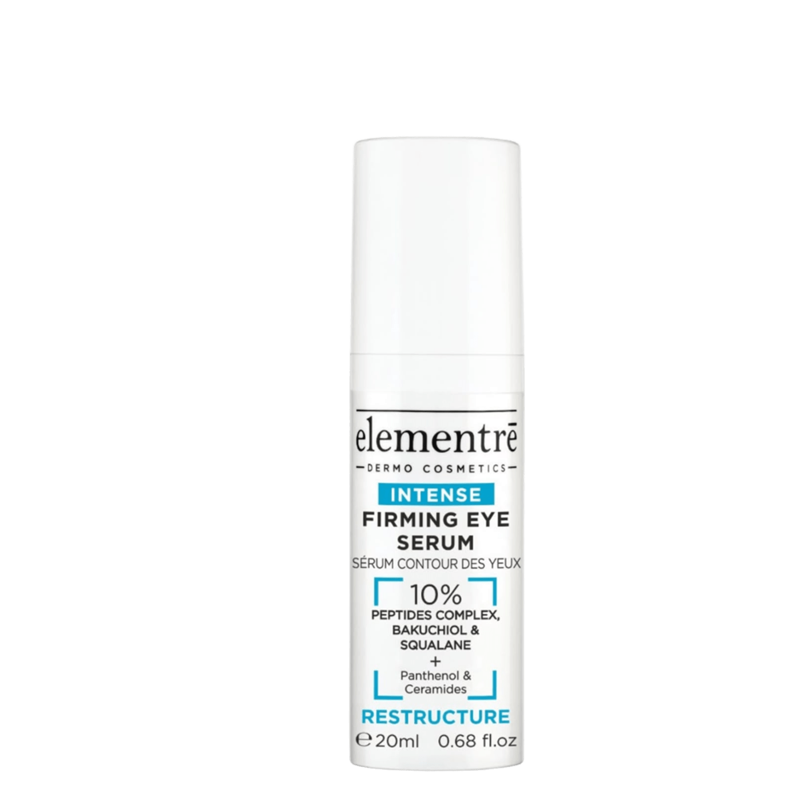 Elementre Restructure Intense Firming Eye Serum in white cylindrical bottle with black and blue text, 20ml size, for skin firming and hydration